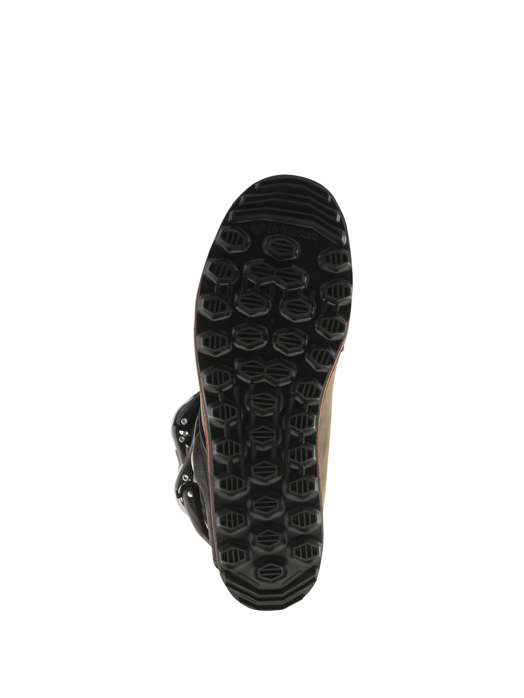 Alpinestars Tech-T Boots, stivali da trial, pelle Brown Oiled, vista inferiore della suola nera proprietaria, battistrada esagonale testurizzato per grip e sensibilità sulle pedane, struttura in gomma resistente