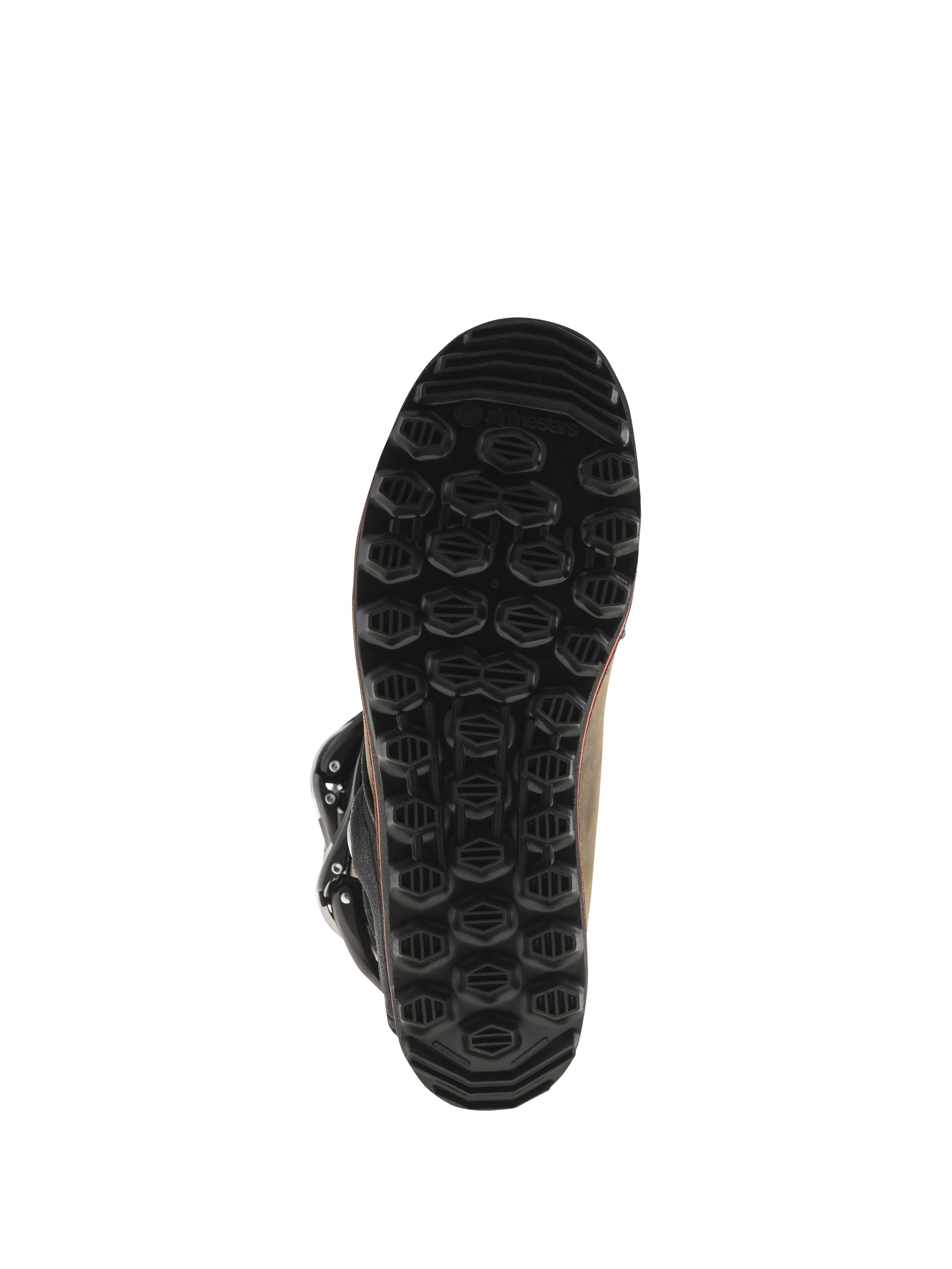 Alpinestars Tech-T Boots, stivali da trial, pelle Brown Oiled, vista inferiore della suola nera proprietaria, battistrada esagonale testurizzato per grip e sensibilità sulle pedane, struttura in gomma resistente