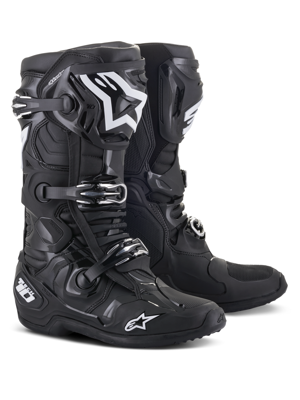 Alpinestars Tech 10 Boots, stivali da motocross, nero, con loghi Alpinestars bianchi, sistema di chiusura a tripla fibbia, robusta calotta in TPU con protezione della caviglia rinforzata, design aerodinamico per corse fuoristrada ad alte prestazioni