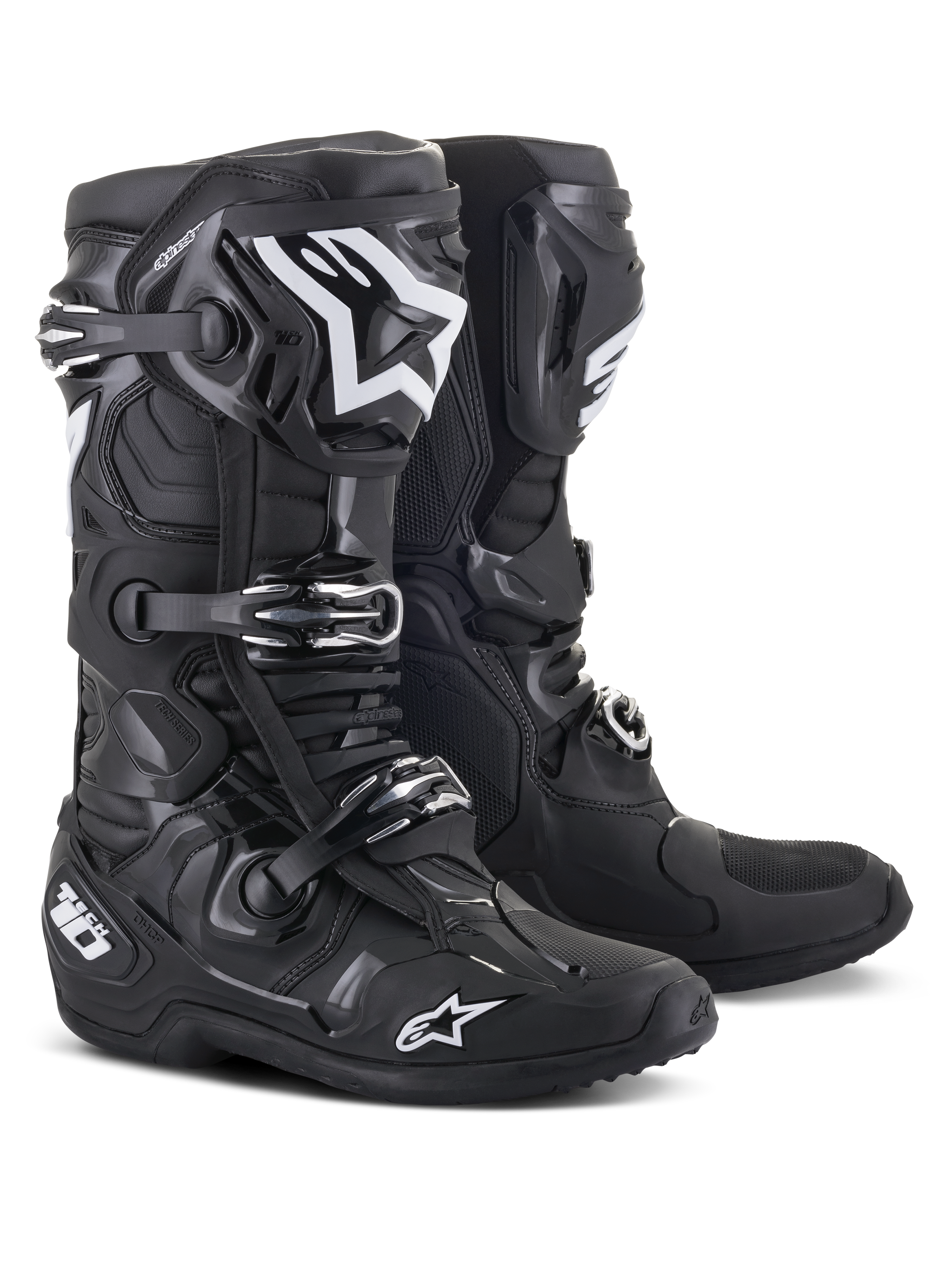 Alpinestars Tech 10 Boots, stivali da motocross, nero, con loghi Alpinestars bianchi, sistema di chiusura a tripla fibbia, robusta calotta in TPU con protezione della caviglia rinforzata, design aerodinamico per corse fuoristrada ad alte prestazioni