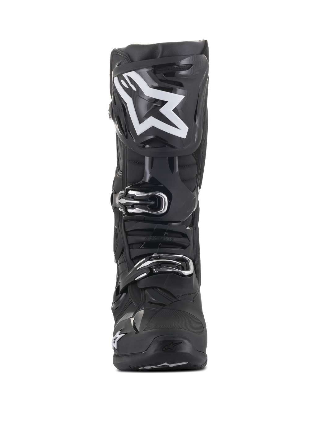 Stivali Alpinestars Tech 10, stivali da motocross, neri con grande logo a stella bianco sullo stinco, vista frontale, fibbie argentate e struttura avanzata in TPU per la protezione fuoristrada