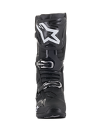 Stivali Alpinestars Tech 10, stivali da motocross, neri con grande logo a stella bianco sullo stinco, vista frontale, fibbie argentate e struttura avanzata in TPU per la protezione fuoristrada