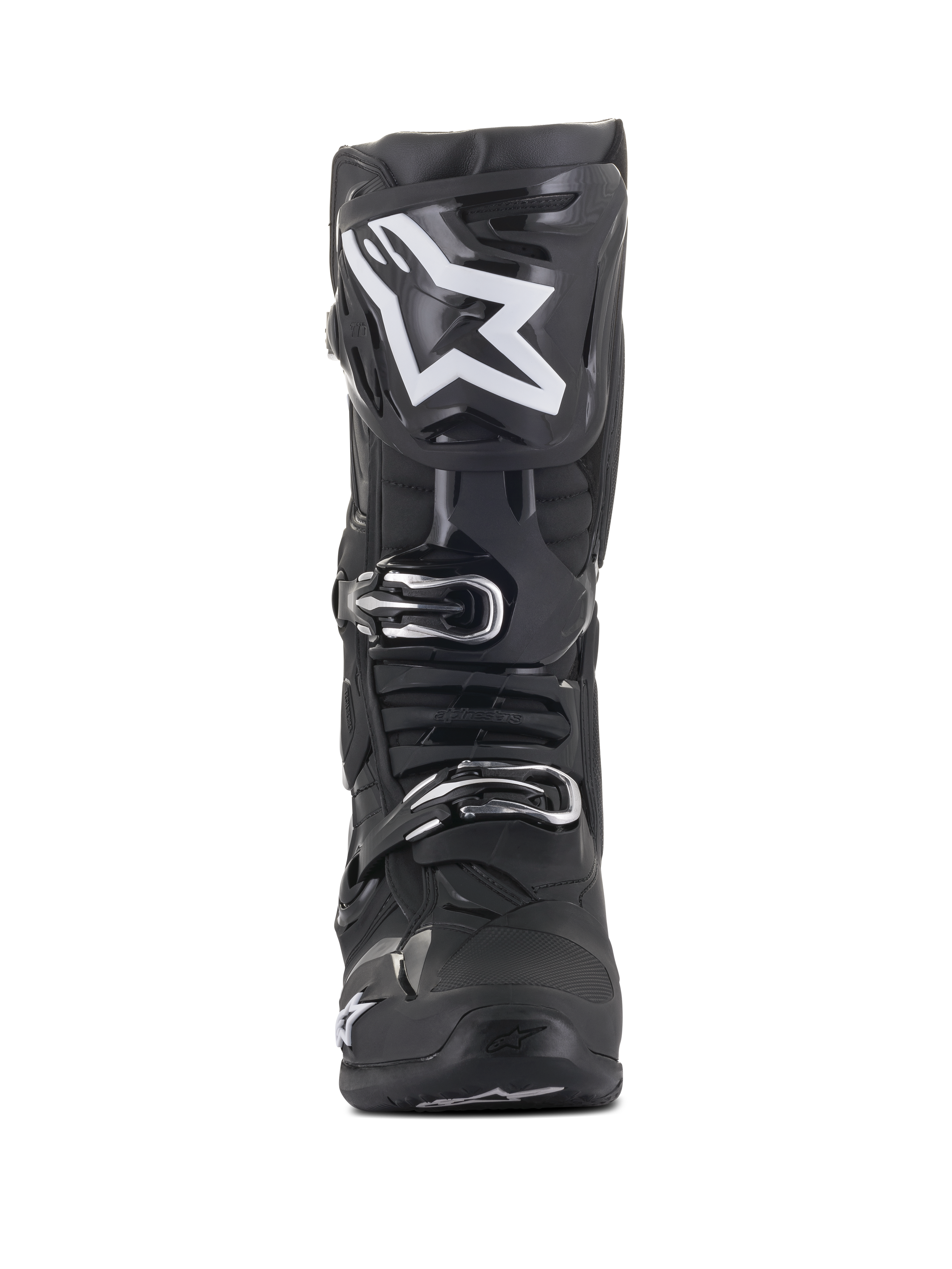 Stivali Alpinestars Tech 10, stivali da motocross, neri con grande logo a stella bianco sullo stinco, vista frontale, fibbie argentate e struttura avanzata in TPU per la protezione fuoristrada