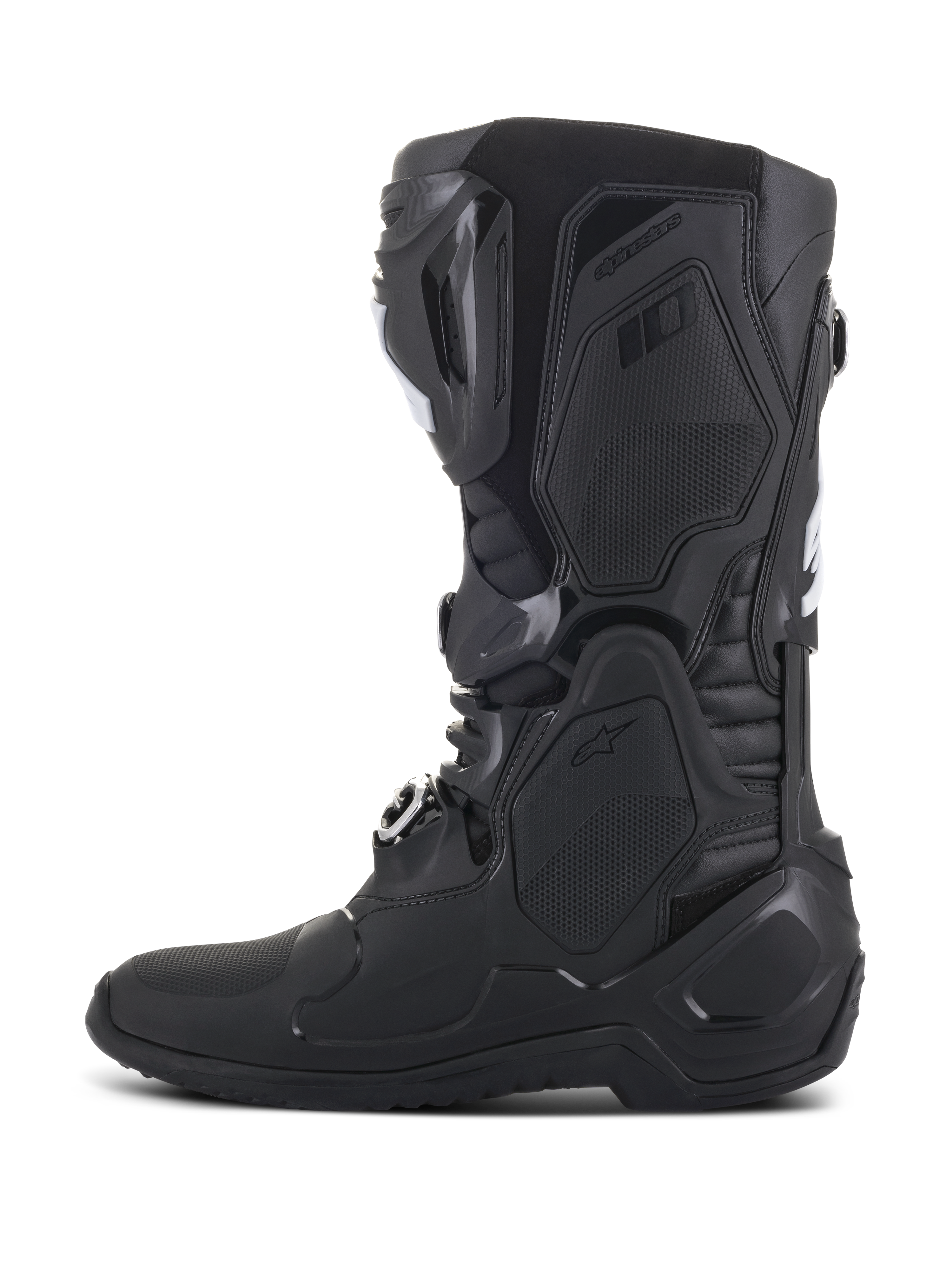 Stivali Alpinestars Tech 10, stivali da motocross neri, vista di profilo laterale, costruzione avanzata della calotta in TPU, design aerodinamico con chiusure a fibbia e pannelli protettivi testurizzati per prestazioni professionali nel racing fuoristrada