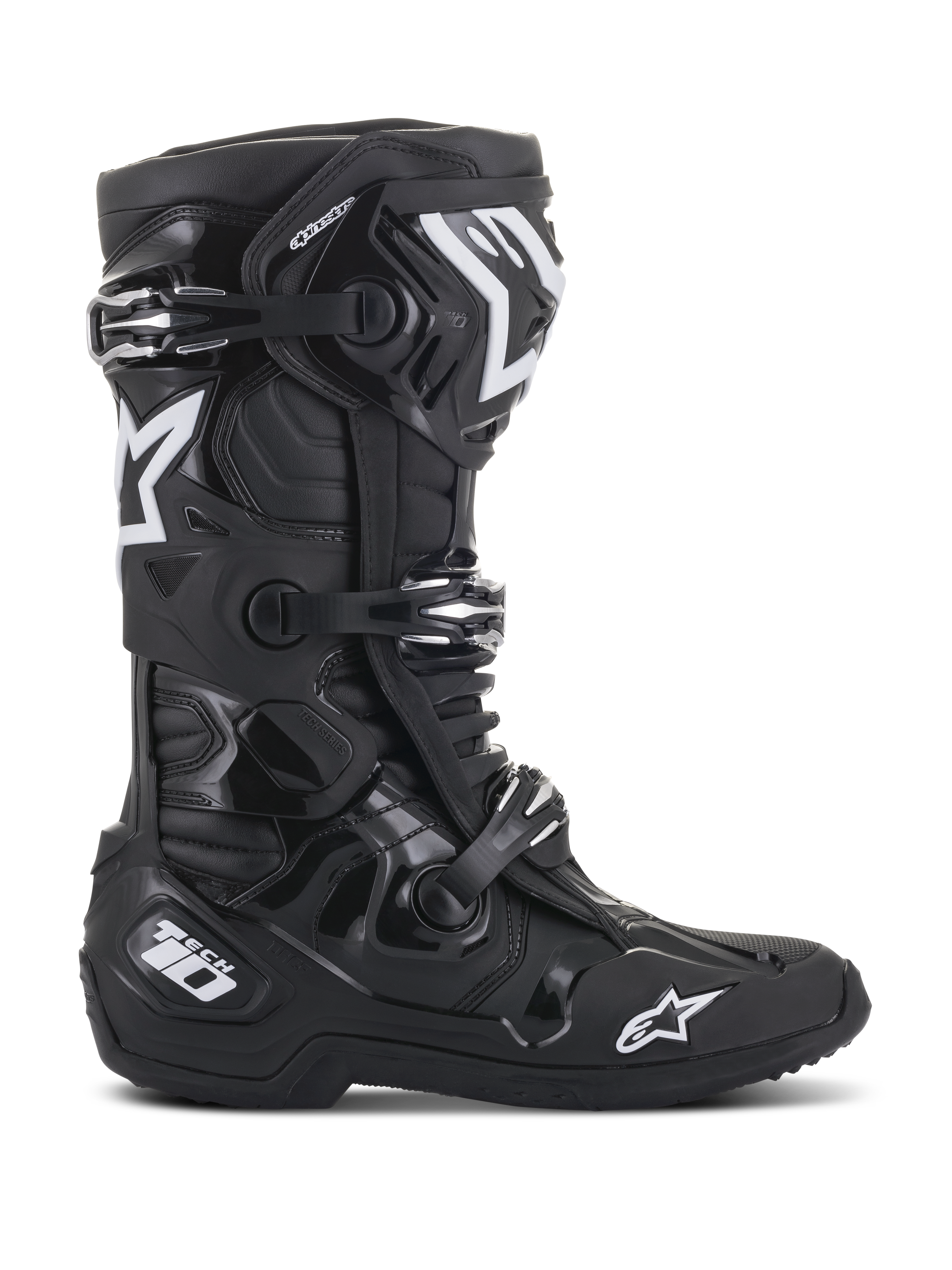 Stivali Alpinestars Tech 10, stivali da motocross, nero, vista laterale con loghi a stella Alpinestars bianchi e branding Tech 10, sistema di chiusura a tre fibbie, robusta struttura in TPU e microfibra per gare off-road professionali