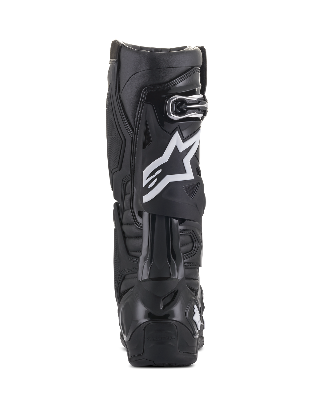 Stivali Alpinestars Tech 10, nero, vista posteriore con logo a stella bianco sul polpaccio, costruzione in resistente guscio in TPU e microfibra, progettati per motocross e guida off-road ad alte prestazioni