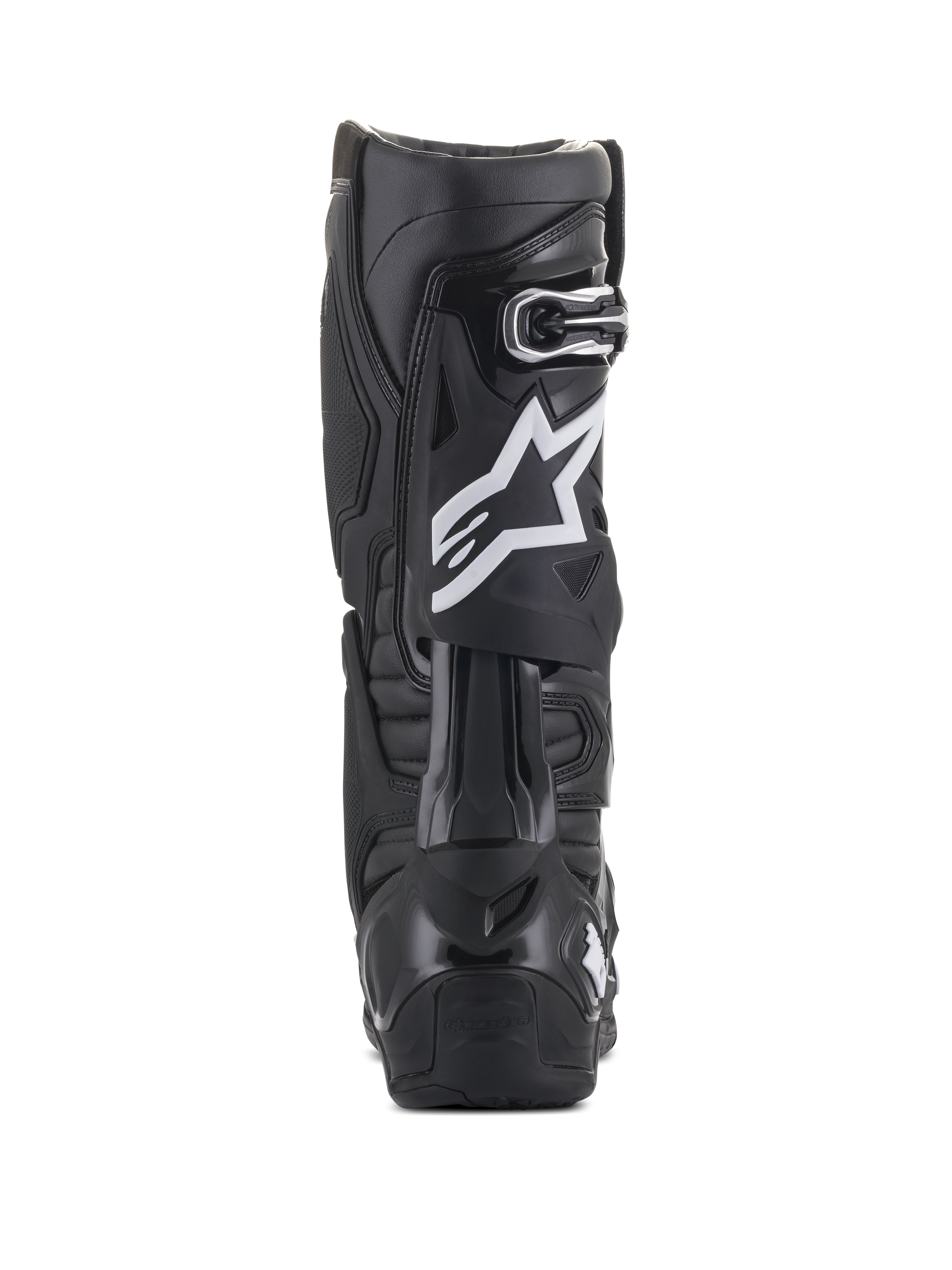 Stivali Alpinestars Tech 10, nero, vista posteriore con logo a stella bianco sul polpaccio, costruzione in resistente guscio in TPU e microfibra, progettati per motocross e guida off-road ad alte prestazioni