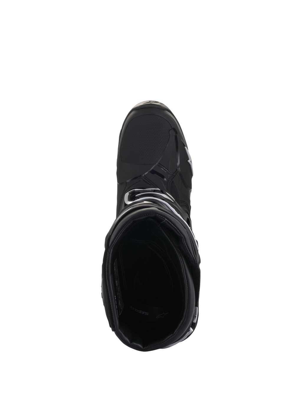 Alpinestars Tech 10 Boots, stivali da motocross, nero, vista dall'alto che mostra l'imbottitura interna e il guscio esterno aerodinamico, design ad alte prestazioni per corse fuoristrada