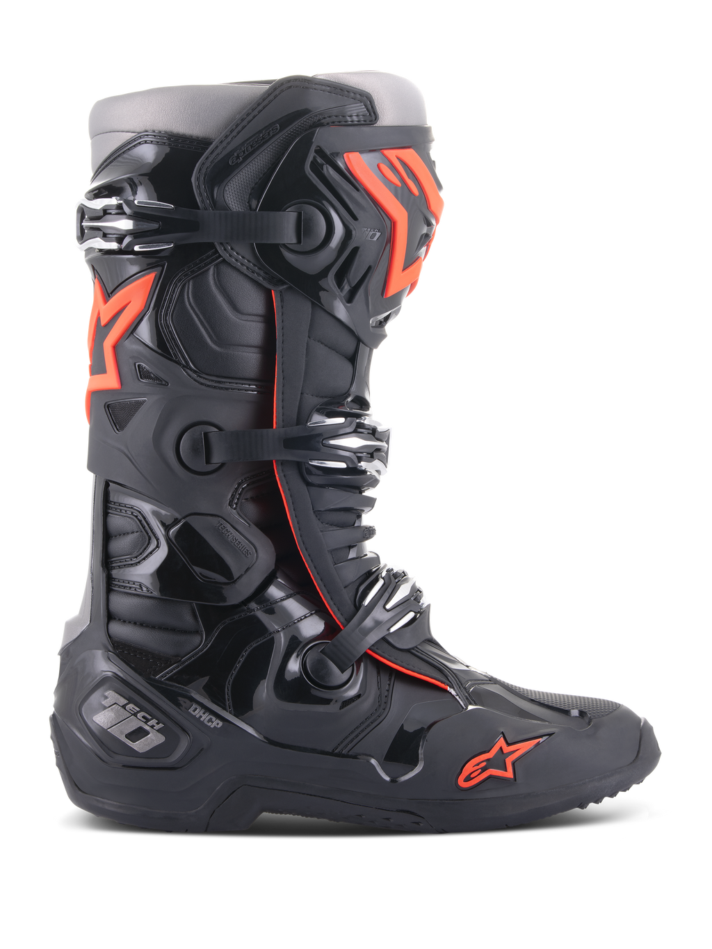 Alpinestars Tech 10 Boots, stivali da motocross e fuoristrada, nero e rosso fluo, con sistema di chiusura a tre fibbie, guscio protettivo in TPU sagomato, logo a stella rossa sulla punta e costruzione ad alte prestazioni per motocross professionale