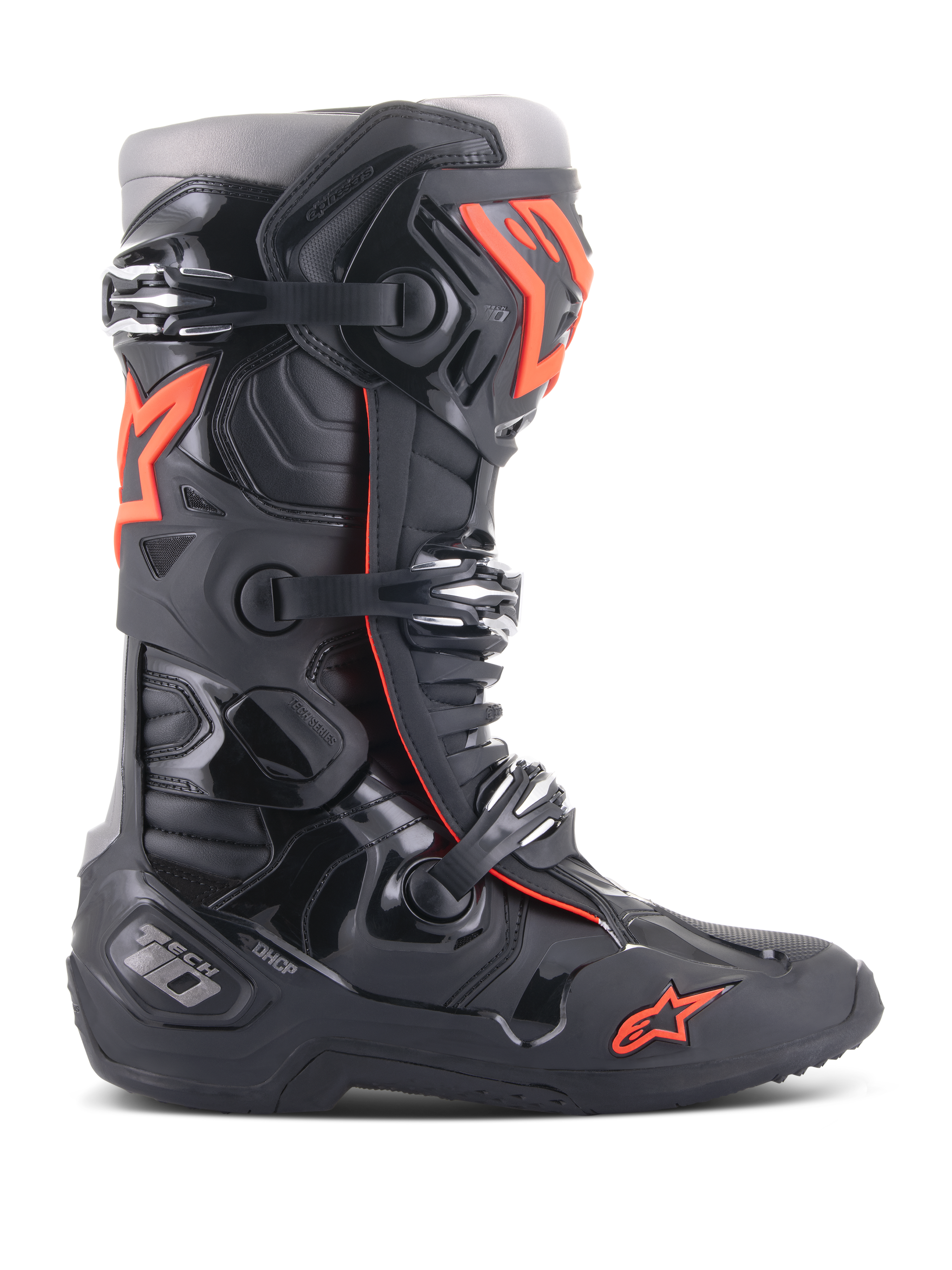 Alpinestars Tech 10 Boots, stivali da motocross e fuoristrada, nero e rosso fluo, con sistema di chiusura a tre fibbie, guscio protettivo in TPU sagomato, logo a stella rossa sulla punta e costruzione ad alte prestazioni per motocross professionale