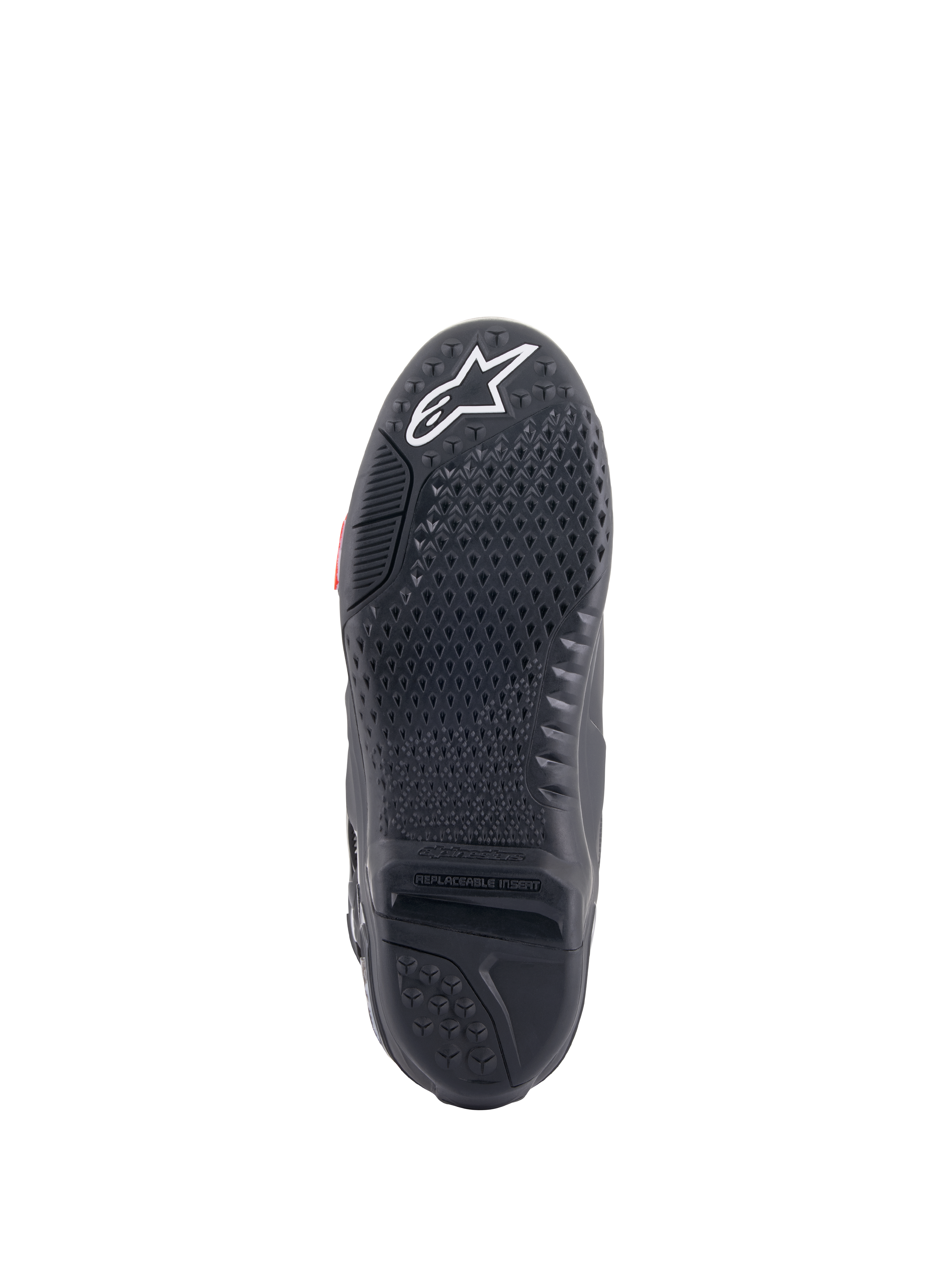 Alpinestars stivali Tech 10, stivali da motocross, nero, vista dal basso della suola con trama testurizzata, logo a stella bianco sulla punta e inserto centrale della suola sostituibile per prestazioni fuoristrada.
