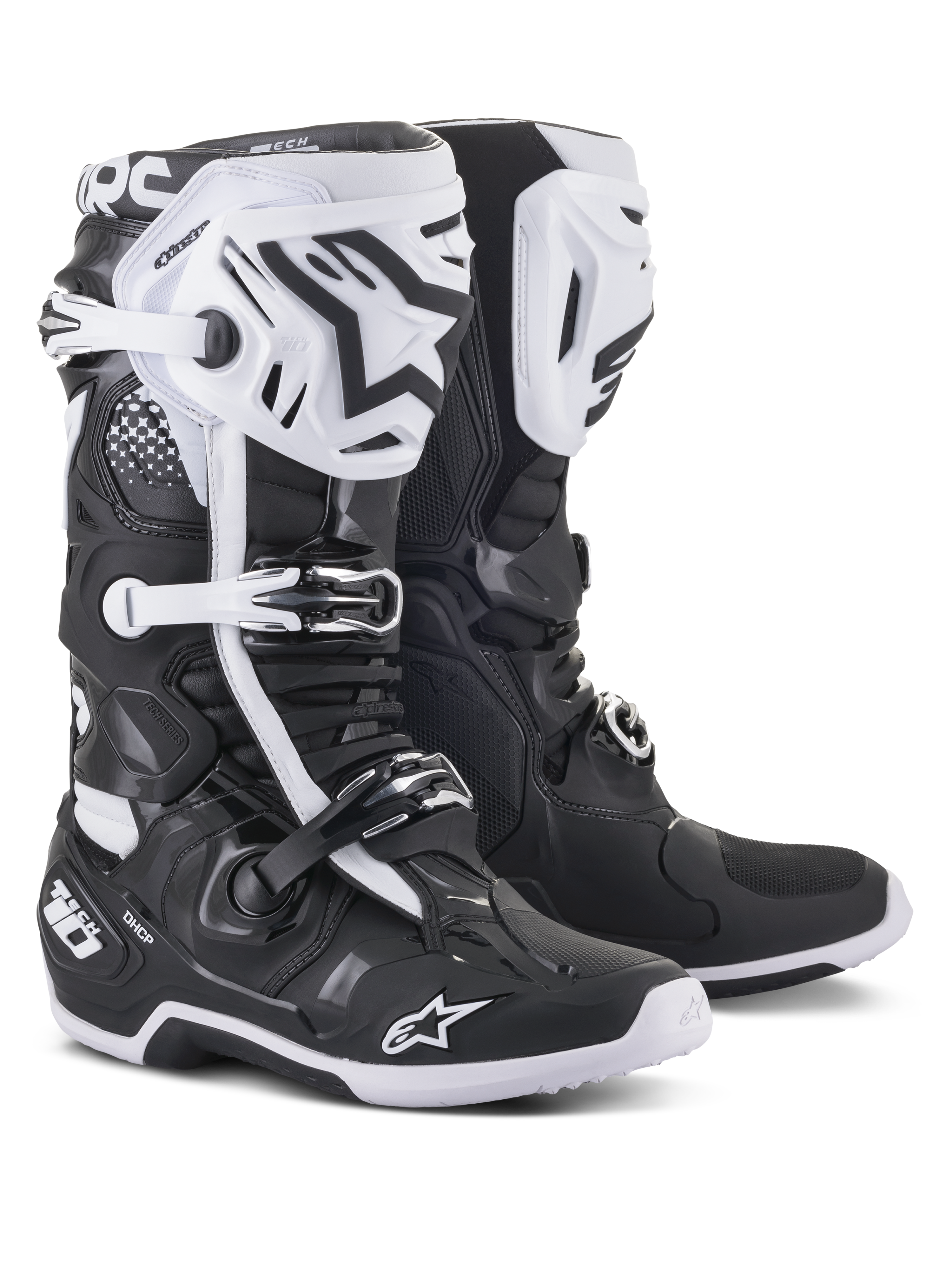 Alpinestars Tech 10, stivali da motocross, nero e bianco, design protettivo ad alte prestazioni con placche tibiali bianche, loghi a stella neri, fibbie regolabili e protezione del tallone DHCP, suole robuste per gare fuoristrada