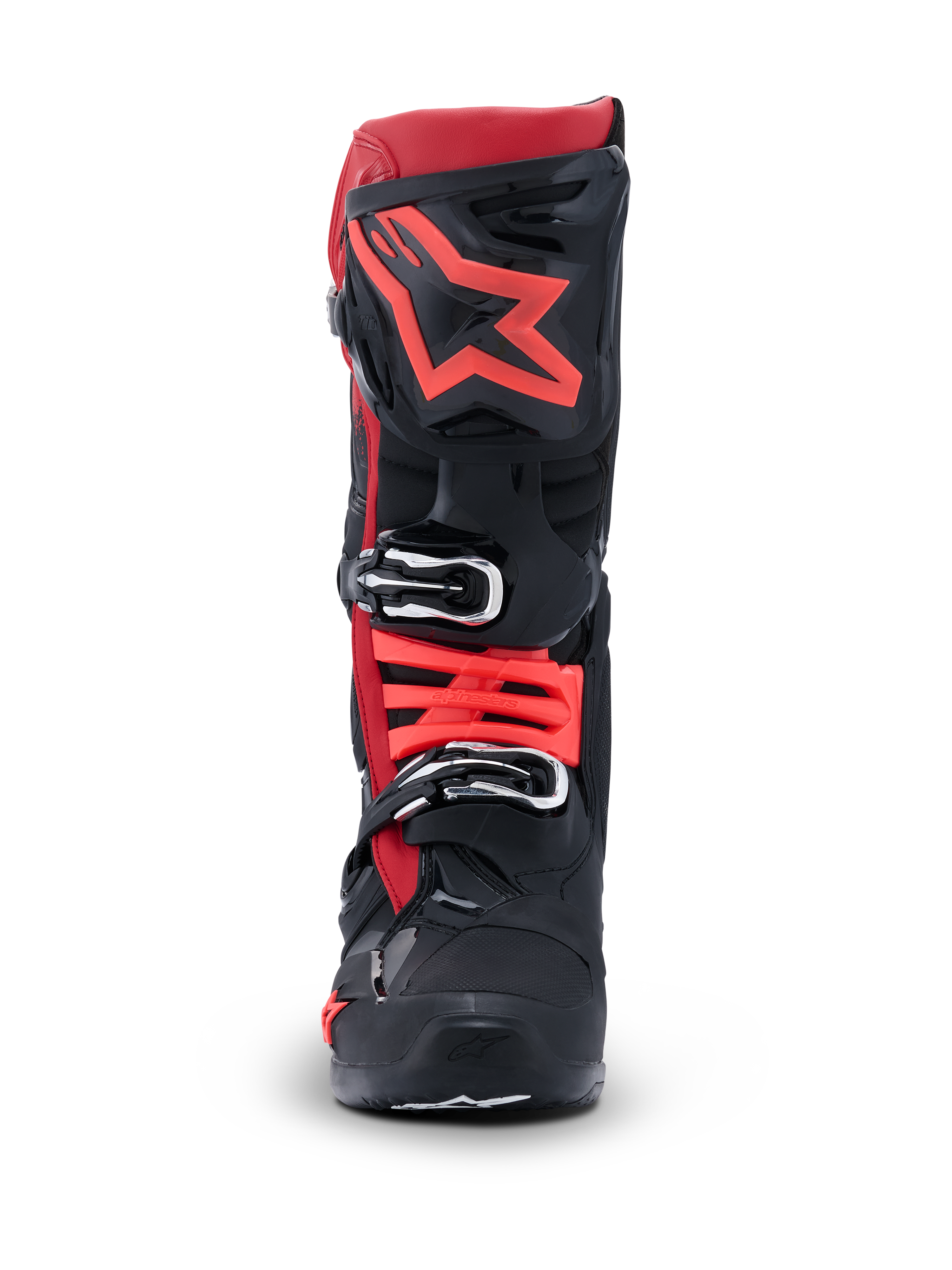 Stivali Alpinestars Tech 10, stivali da motocross, nero e rosso, vista frontale con grande logo a stella rosso sulla placca parastinco e chiusure con fibbie argentate, attrezzatura protettiva avanzata per corse fuoristrada
