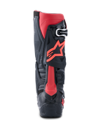Stivali Alpinestars Tech 10, stivali da motocross, nero e rosso, vista posteriore con logo Astars rosso, Dynamic Heel Compression Protector e robusto telaio in TPU per gare fuoristrada ad alte prestazioni