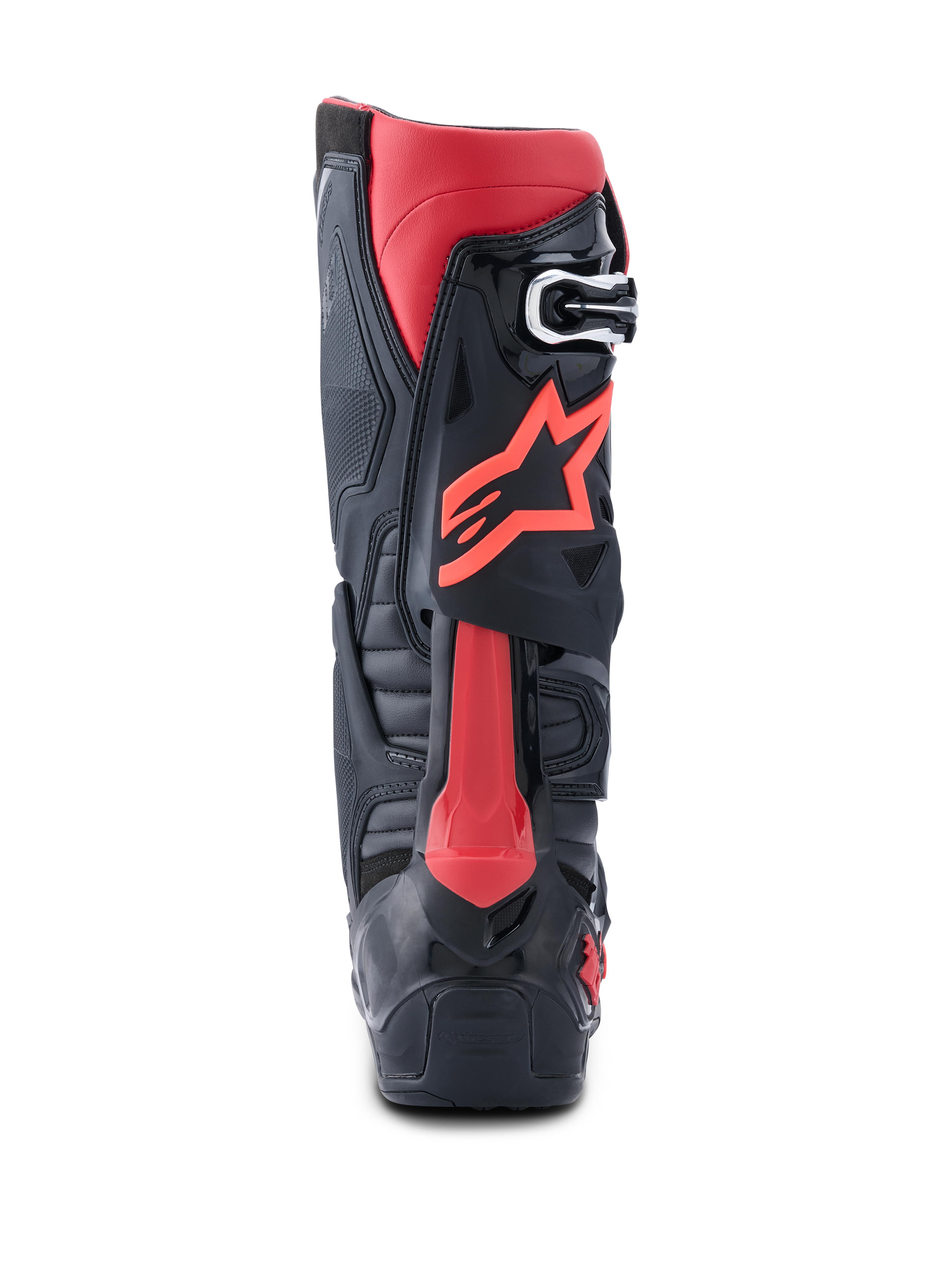 Stivali Alpinestars Tech 10, stivali da motocross, nero e rosso, vista posteriore con logo Astars rosso, Dynamic Heel Compression Protector e robusto telaio in TPU per gare fuoristrada ad alte prestazioni