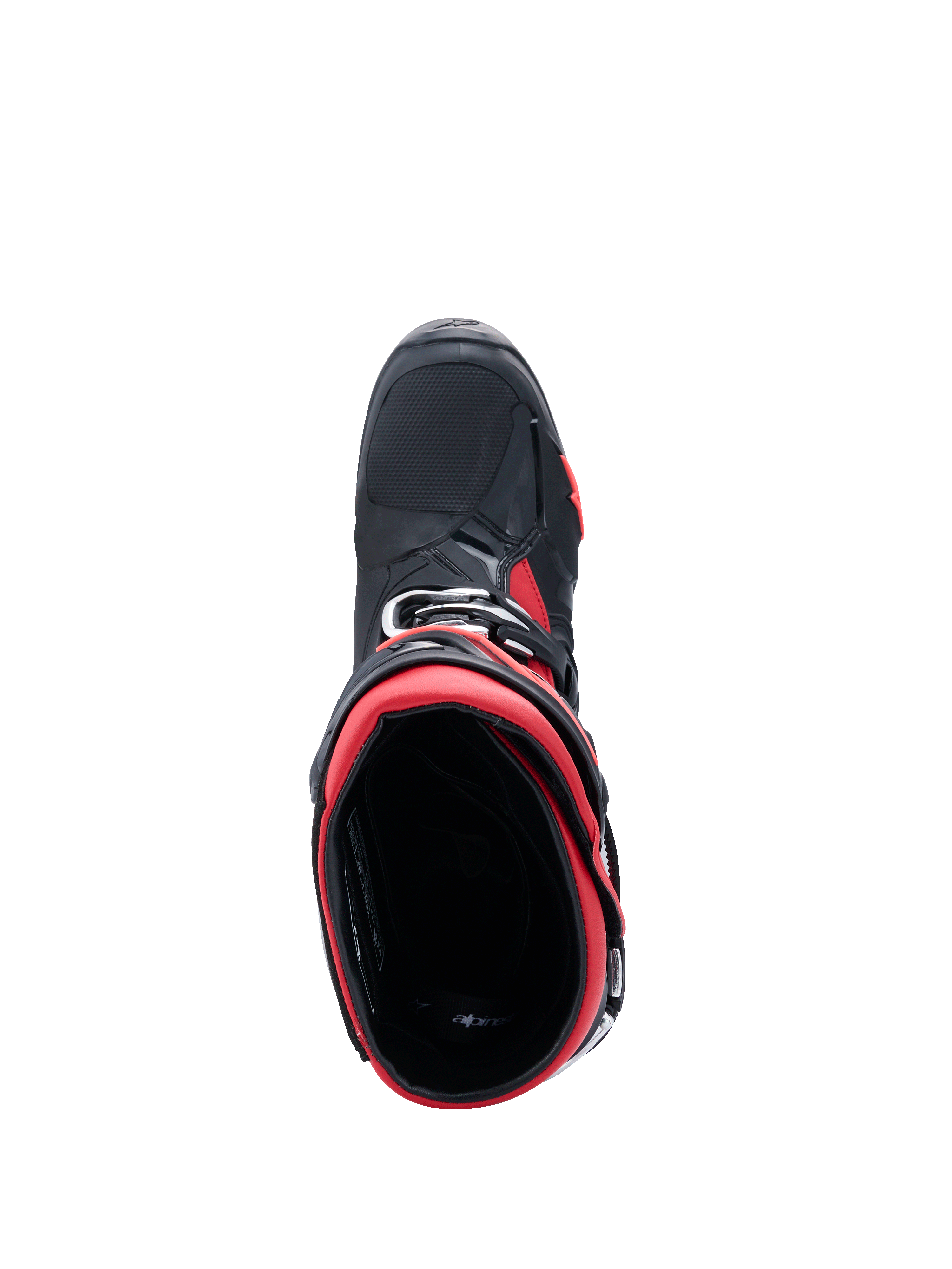Stivali da motocross Alpinestars Tech 10, nero e rosso, vista dall'alto dell'apertura dello stivale, fodera interna rossa e struttura esterna nera con accenti rossi, design professionale per fuoristrada