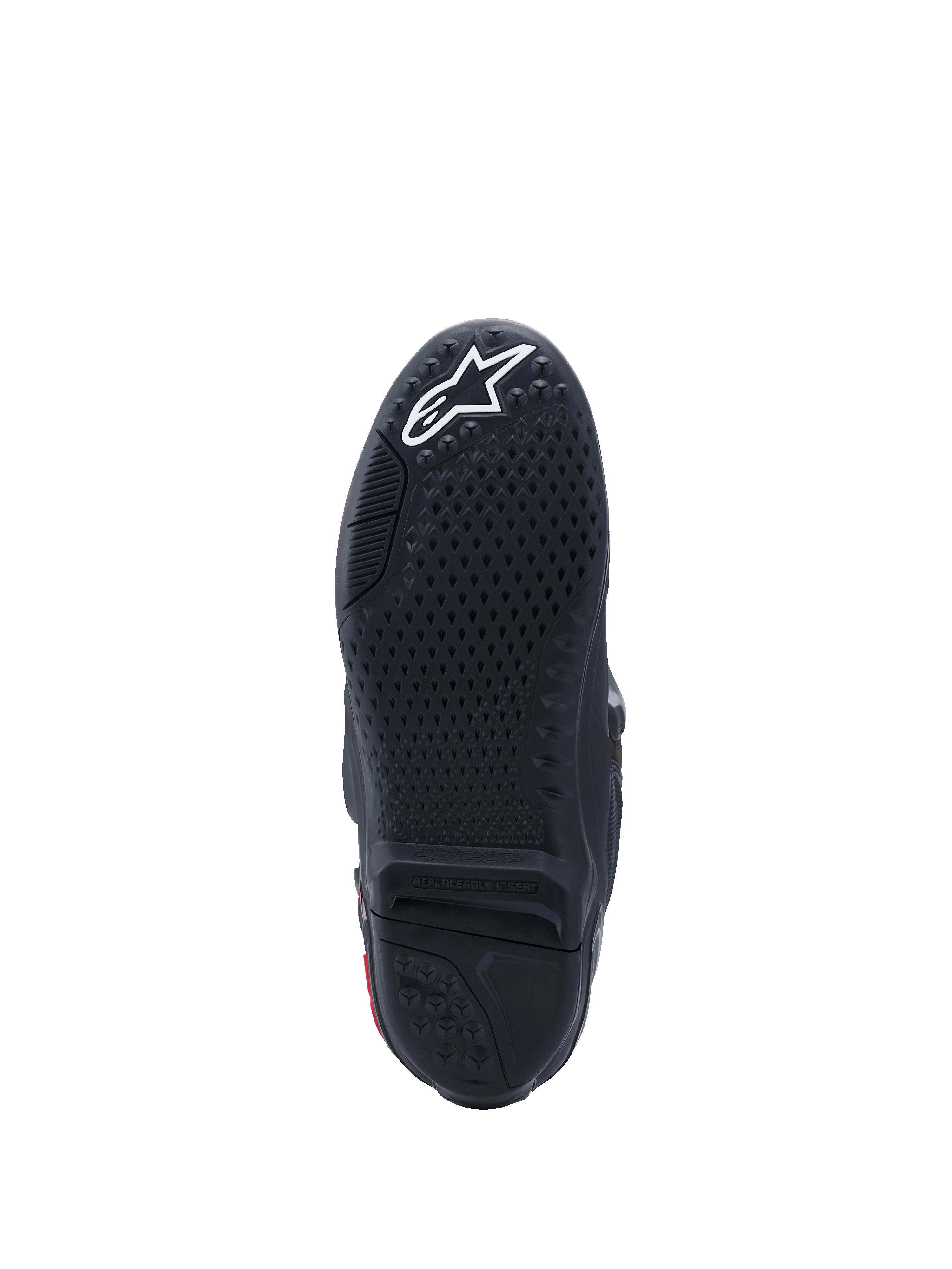 Stivali Alpinestars Tech 10, vista della suola, nero con logo bianco, trama di grip testurizzata, inserto centrale sostituibile, calzature da motocross ad alte prestazioni
