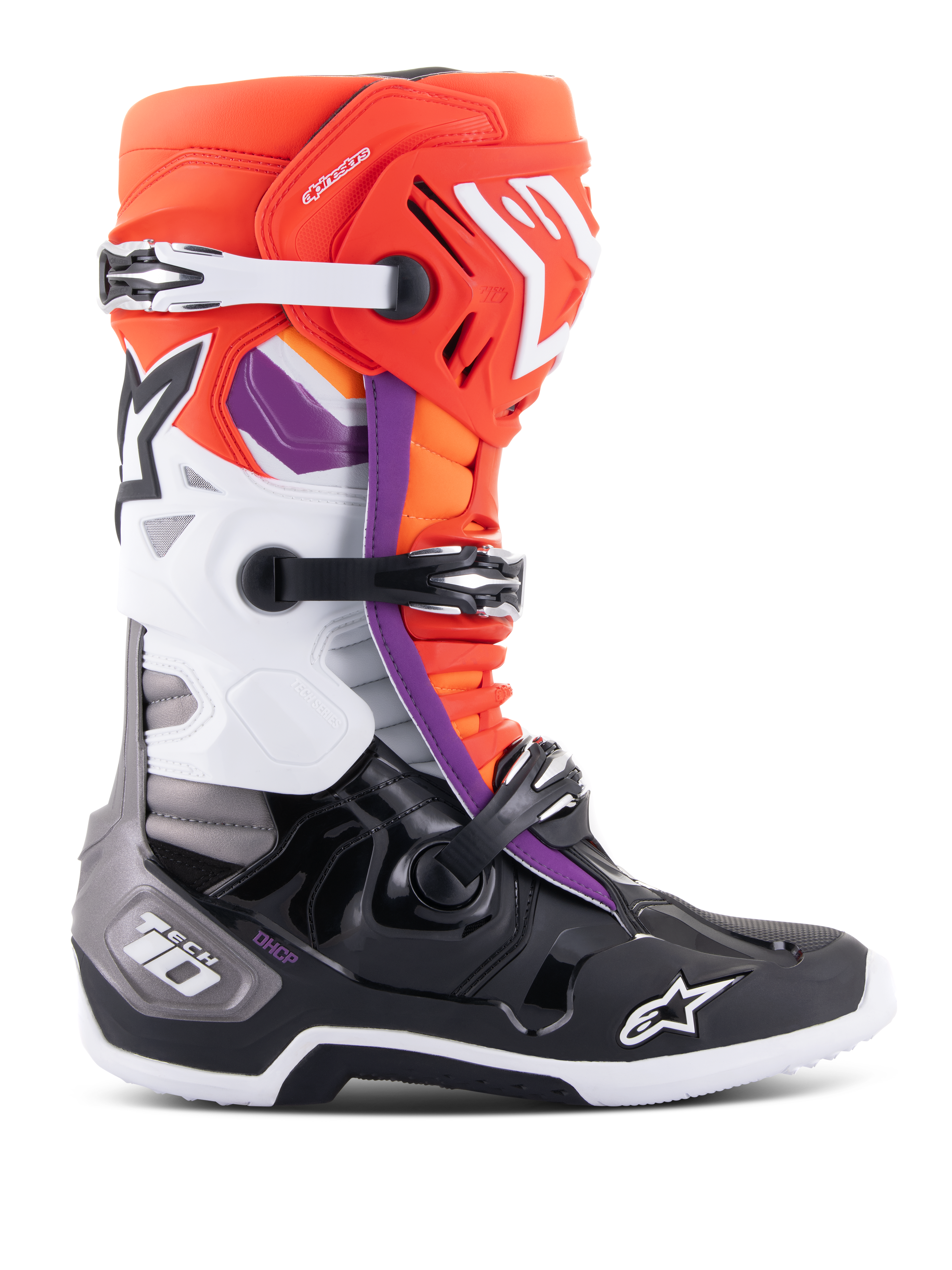 Stivali Alpinestars Tech 10, stivali da motocross, nero, arancione fluo, bianco e accenti viola, con sistema di chiusura a tripla fibbia, loghi a stella su stinco e punta e protezione del tallone DHCP, vista laterale di calzature da corsa fuoristrada.