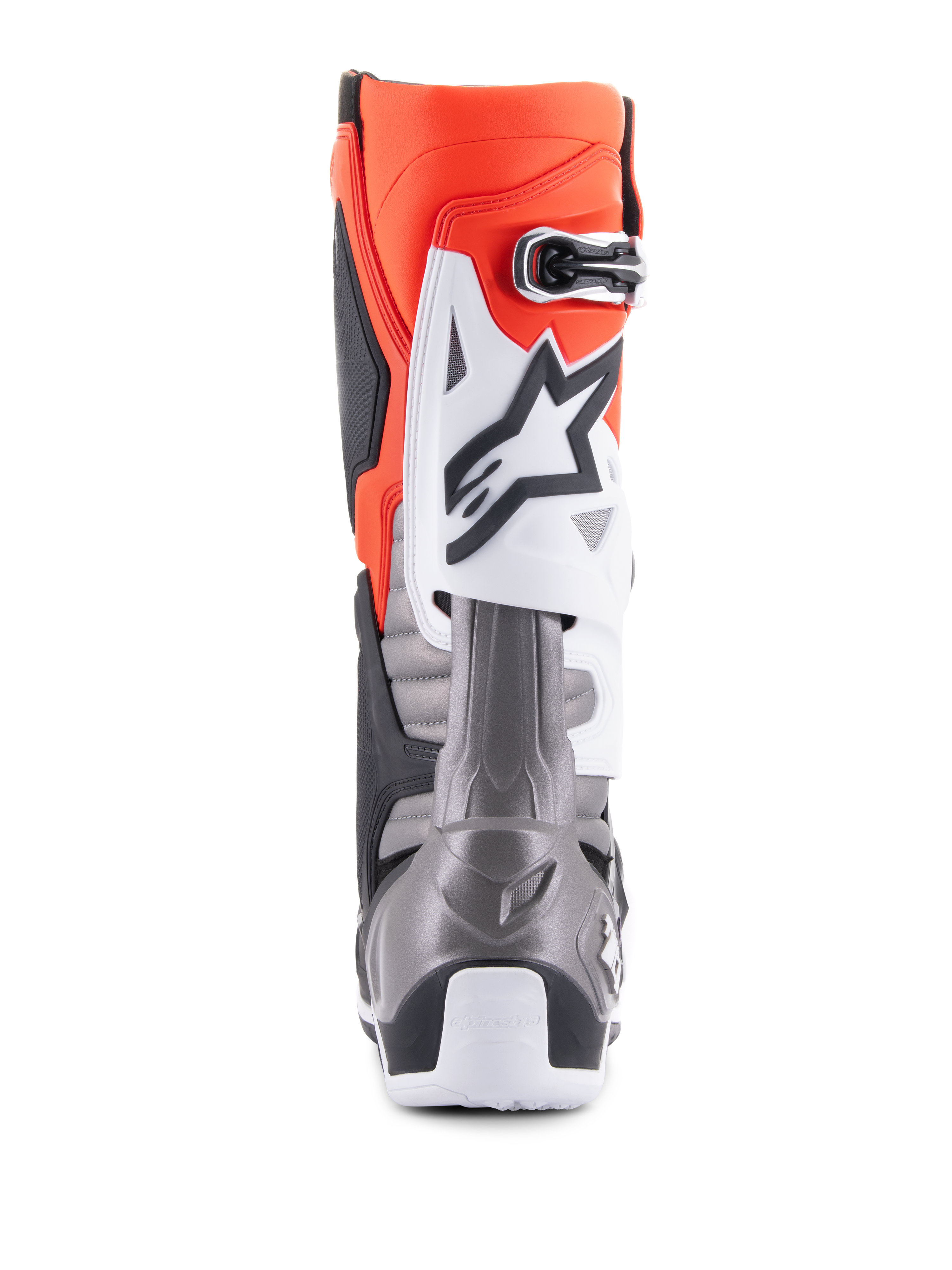 Stivali Alpinestars Tech 10, stivali da motocross, nero, rosso fluo, arancione fluo e bianco, vista posteriore con tomaia arancione brillante, piastra protettiva bianca con logo nero e sezione del tallone grigio metallizzato per prestazioni racing off-road