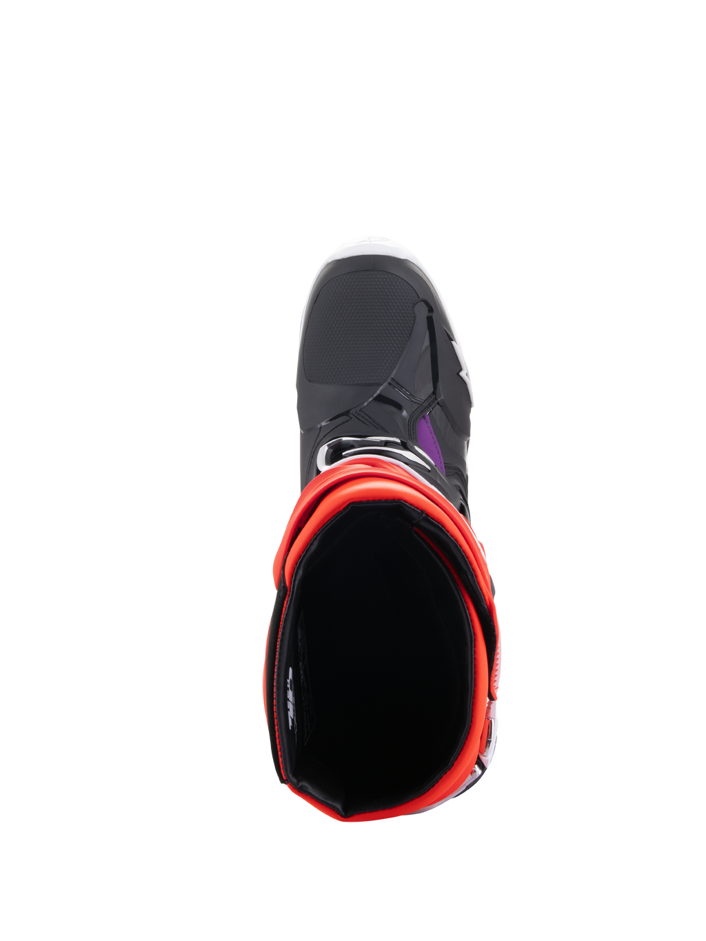 Alpinestars Tech 10 Boots, stivali da motocross, nero, rosso fluo, arancione fluo e bianco, vista dall'alto che mostra l'apertura interna e la punta, calzature protettive per fuoristrada
