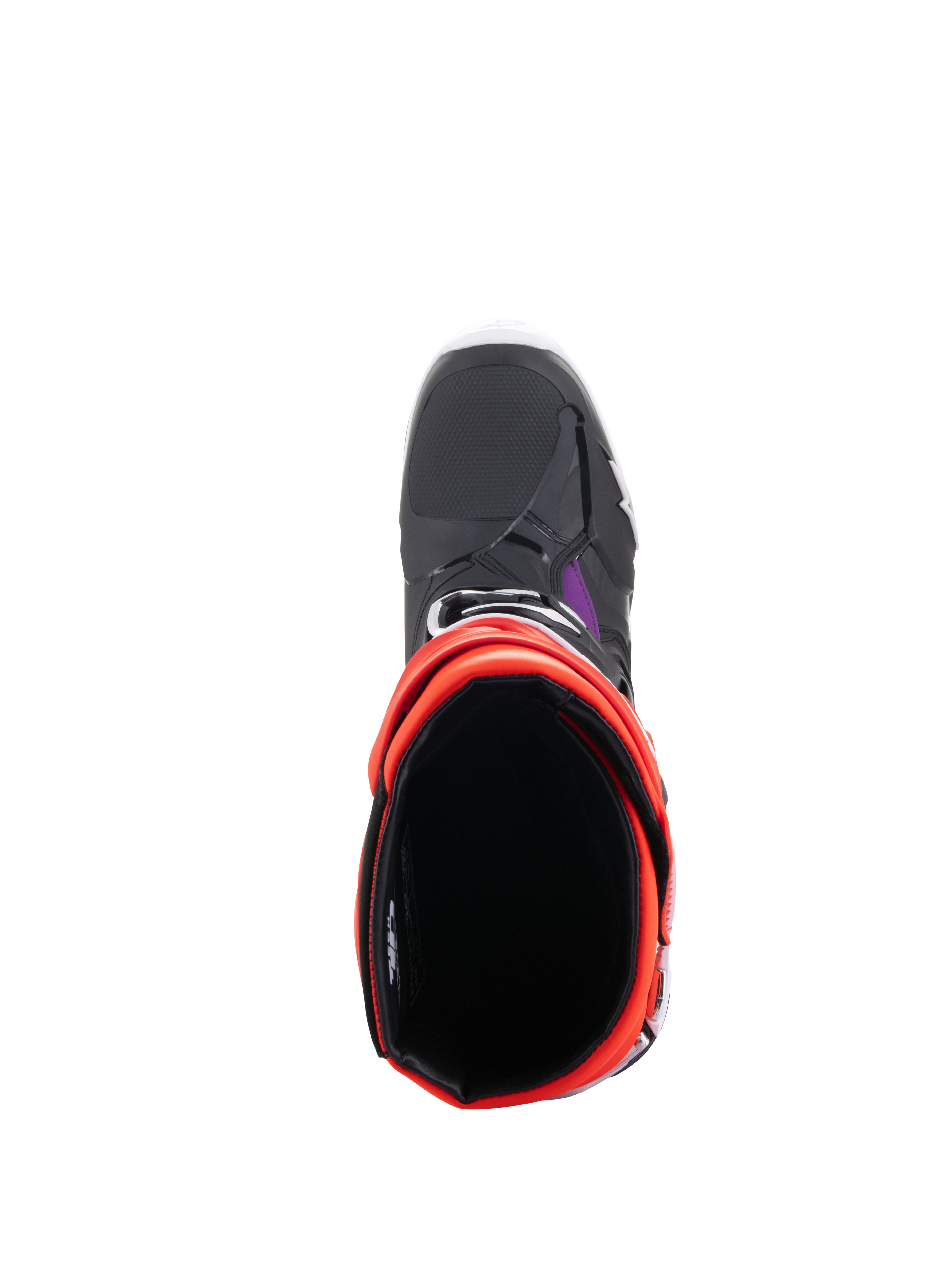 Alpinestars Tech 10 Boots, stivali da motocross, nero, rosso fluo, arancione fluo e bianco, vista dall'alto che mostra l'apertura interna e la punta, calzature protettive per fuoristrada
