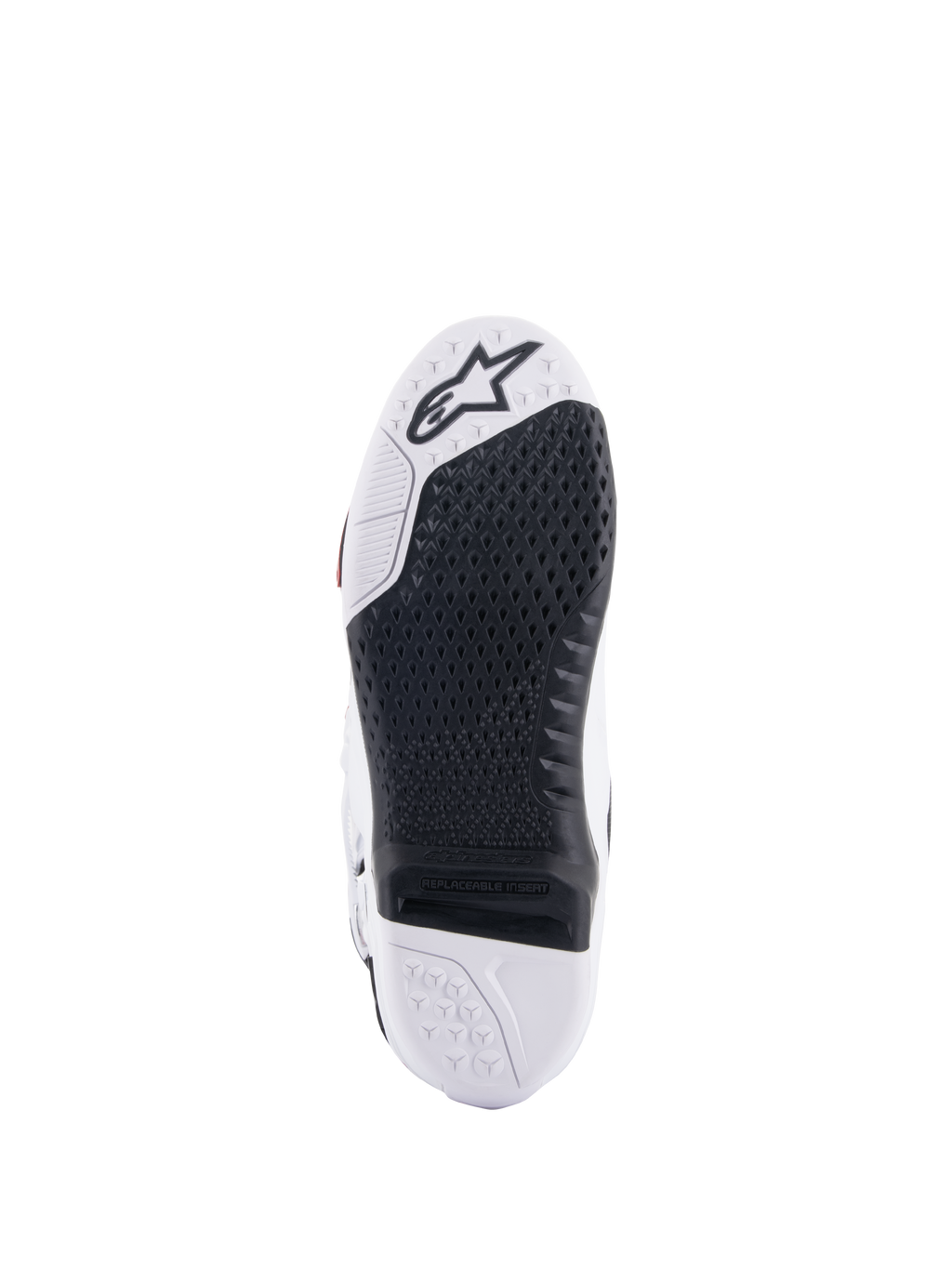 Stivali Alpinestars Tech 10, stivali da motocross, vista inferiore con inserto centrale nero sostituibile e suola bianca, trama grip testurizzata, logo a stella Alpinestars sulla punta, calzatura resistente per il fuoristrada