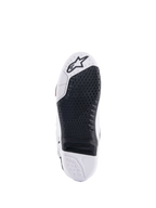 Stivali Alpinestars Tech 10, stivali da motocross, vista inferiore con inserto centrale nero sostituibile e suola bianca, trama grip testurizzata, logo a stella Alpinestars sulla punta, calzatura resistente per il fuoristrada