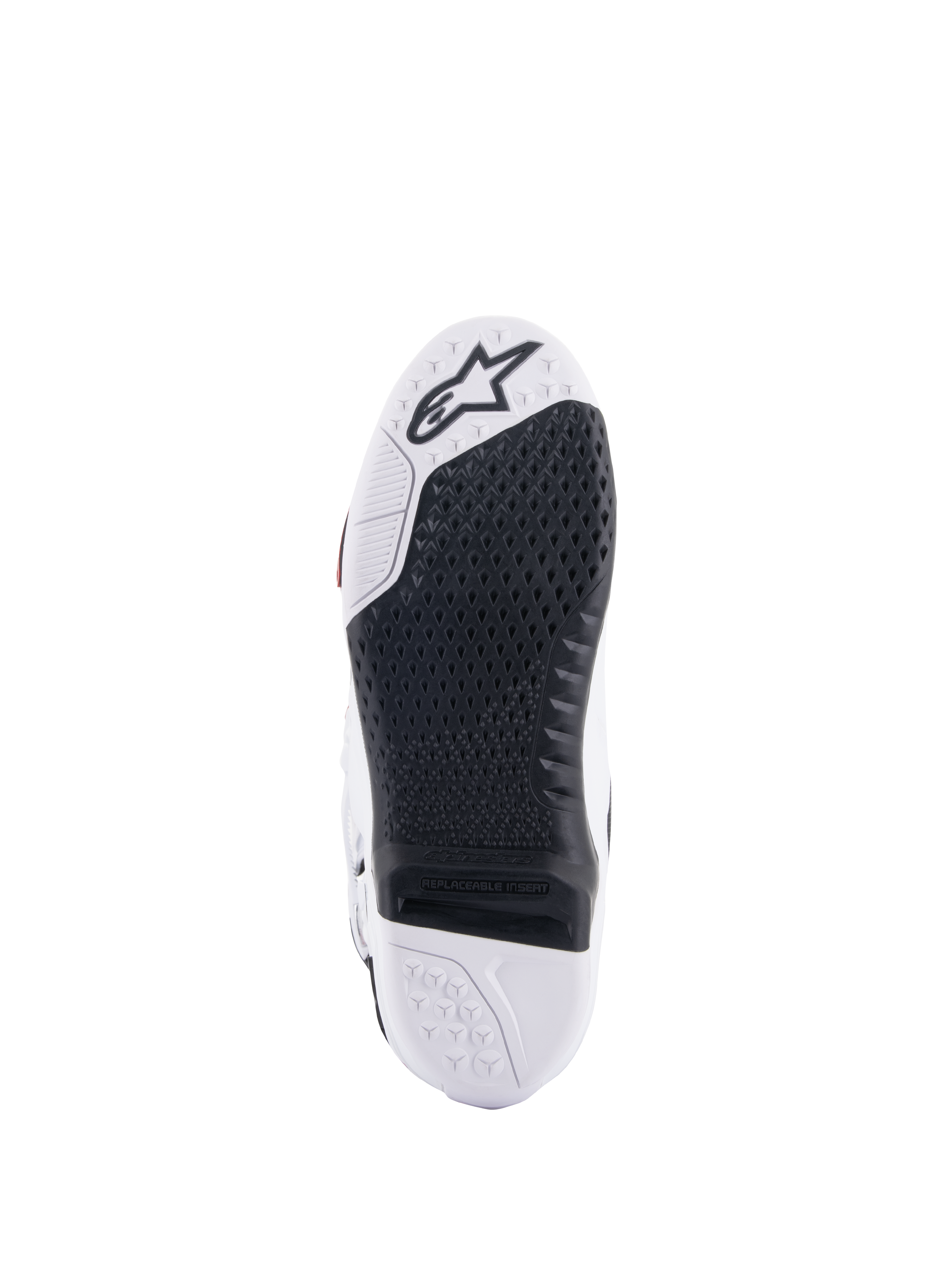 Stivali Alpinestars Tech 10, stivali da motocross, vista inferiore con inserto centrale nero sostituibile e suola bianca, trama grip testurizzata, logo a stella Alpinestars sulla punta, calzatura resistente per il fuoristrada