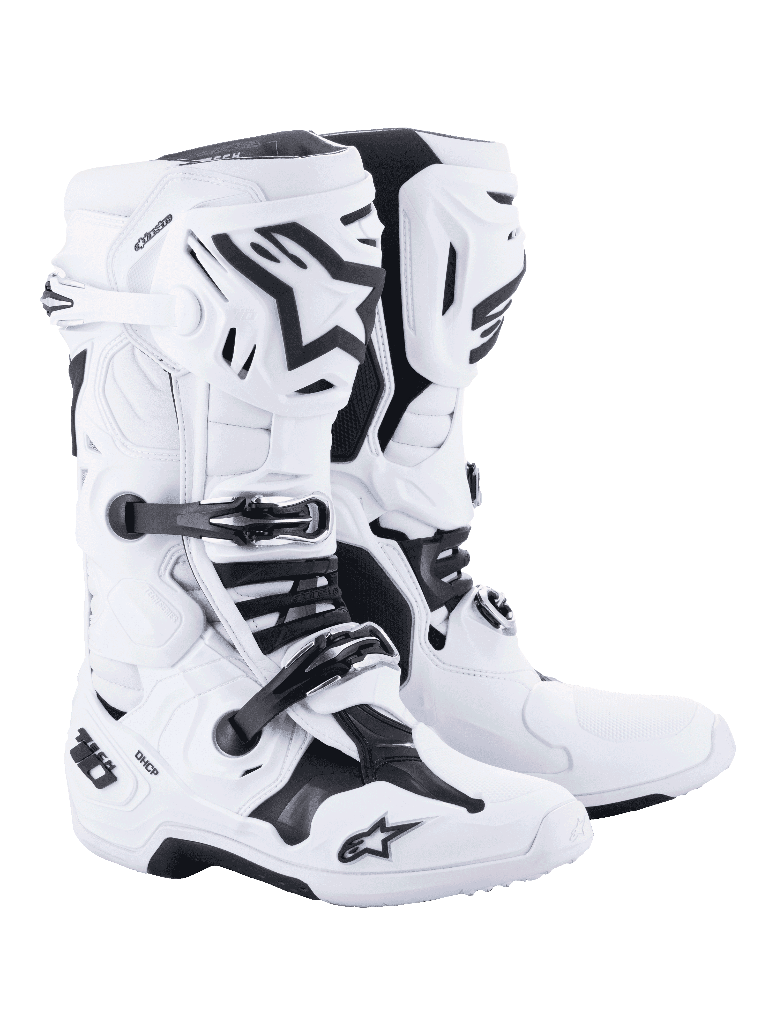 Stivali da motocross Alpinestars Tech 10, bianchi con dettagli neri, design robusto a taglio alto con sistema di chiusura a tripla fibbia, protezione della calotta in TPU e controllo avanzato della flessione, calzature professionali per gare off-road