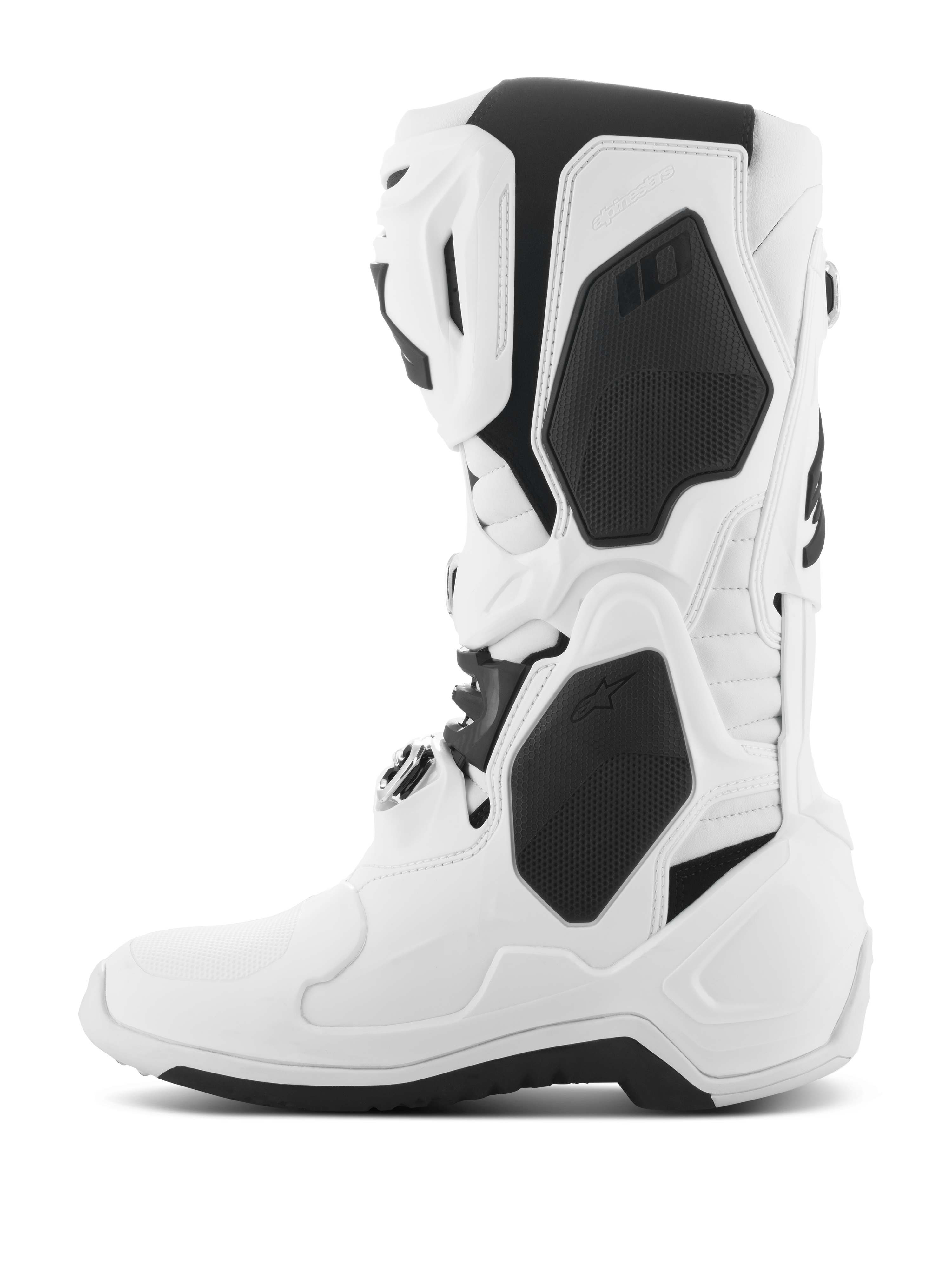 Alpinestars Tech 10 Boots, stivali da motocross, bianco con accenti neri, vista laterale che mostra le protezioni in TPU, il sistema di chiusura con fibbie e il design aerodinamico ad alte prestazioni per gare off-road