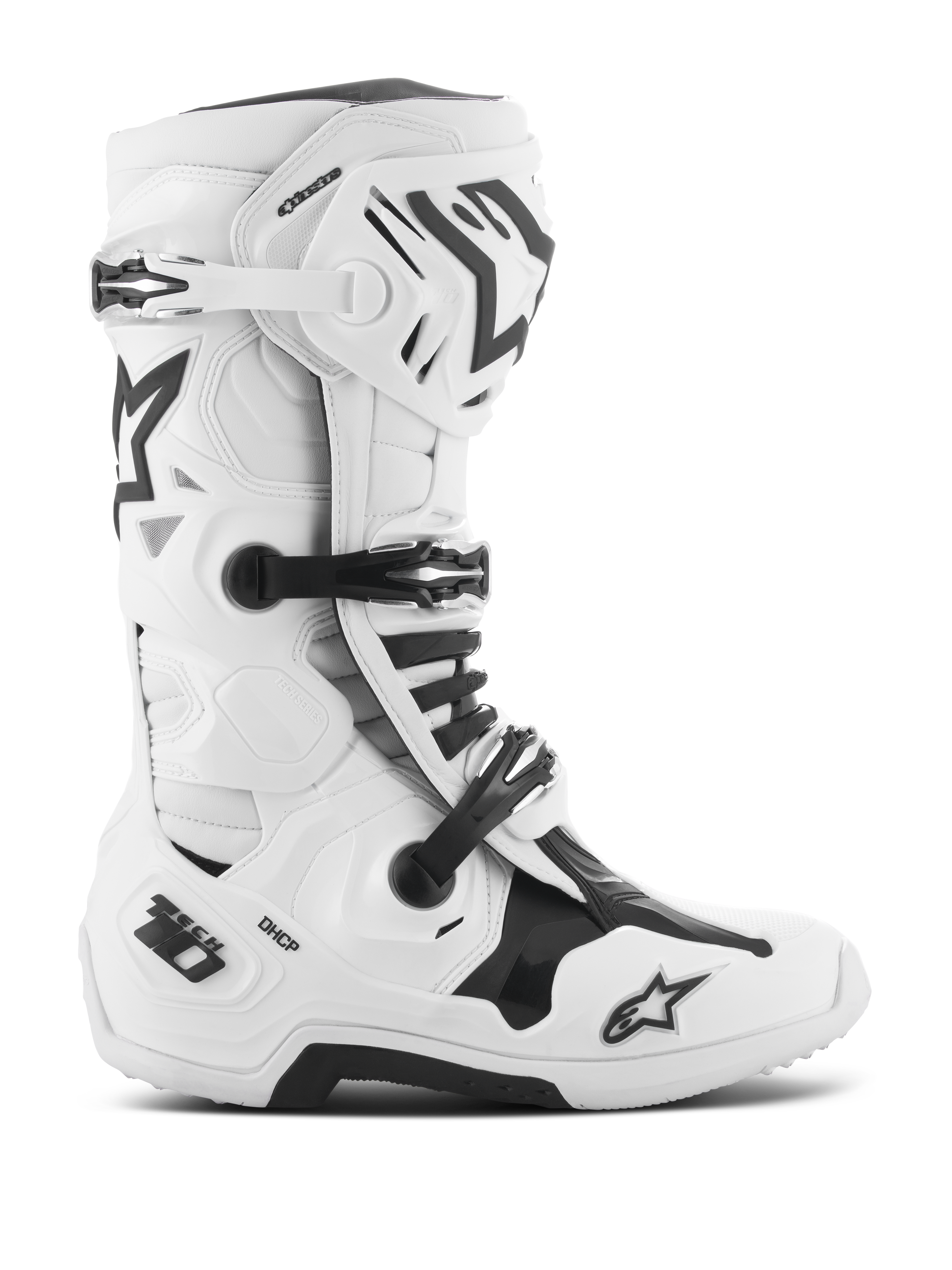 Alpinestars Tech 10 Boots, stivali da motocross, bianchi e neri, sistema di chiusura a tripla fibbia, scafo in TPU rinforzato con marchi 'Tech 10' e 'DHCP', suola spessa e robusta, calzatura protettiva certificata CE per competizioni fuoristrada