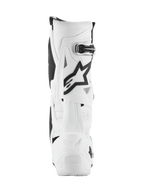 Alpinestars Tech 10, stivali da motocross, bianco con accenti neri, vista posteriore con logo Astar nero e chiusura con fibbia, design protettivo avanzato per corse fuoristrada