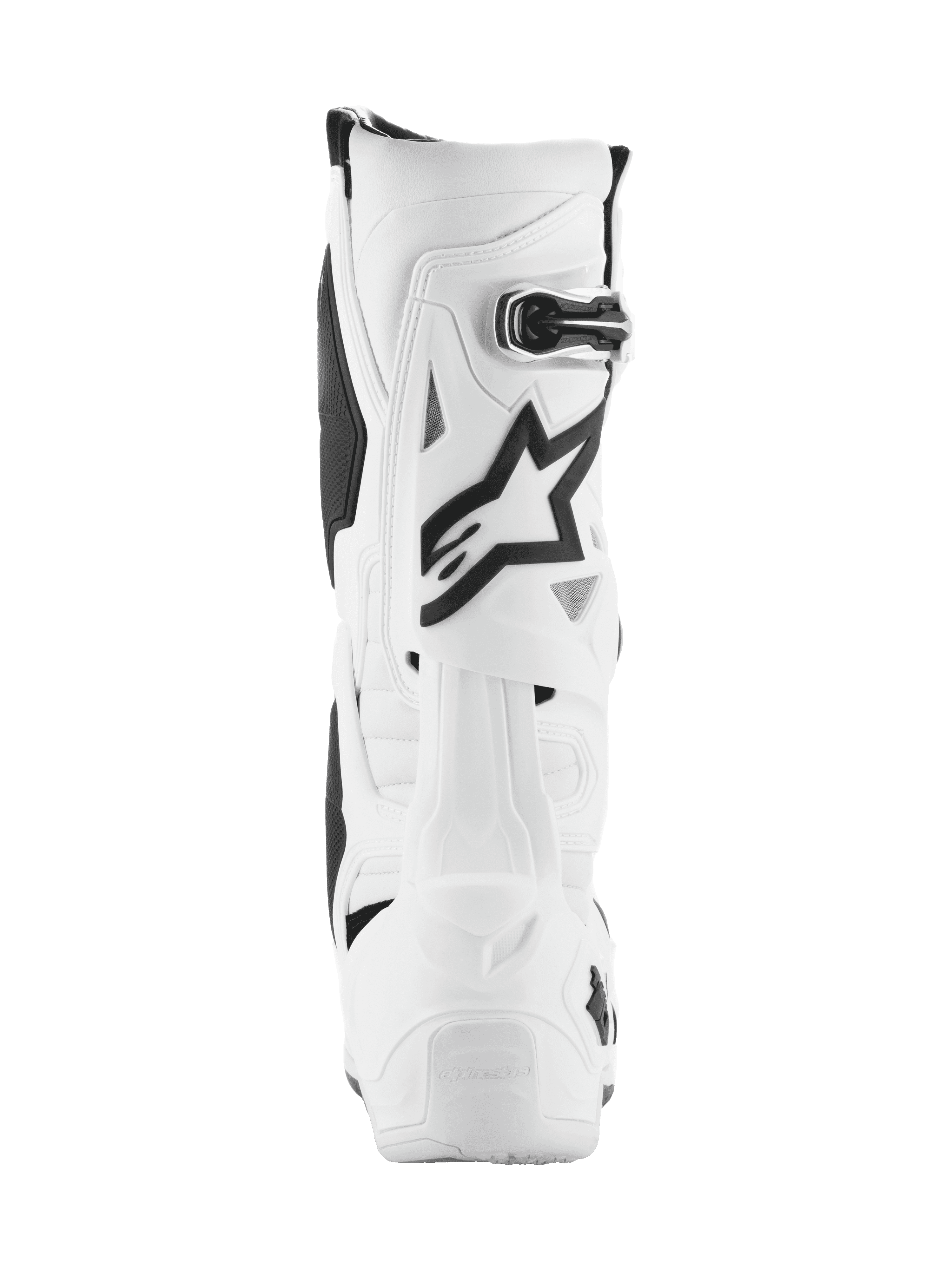 Alpinestars Tech 10, stivali da motocross, bianco con accenti neri, vista posteriore con logo Astar nero e chiusura con fibbia, design protettivo avanzato per corse fuoristrada