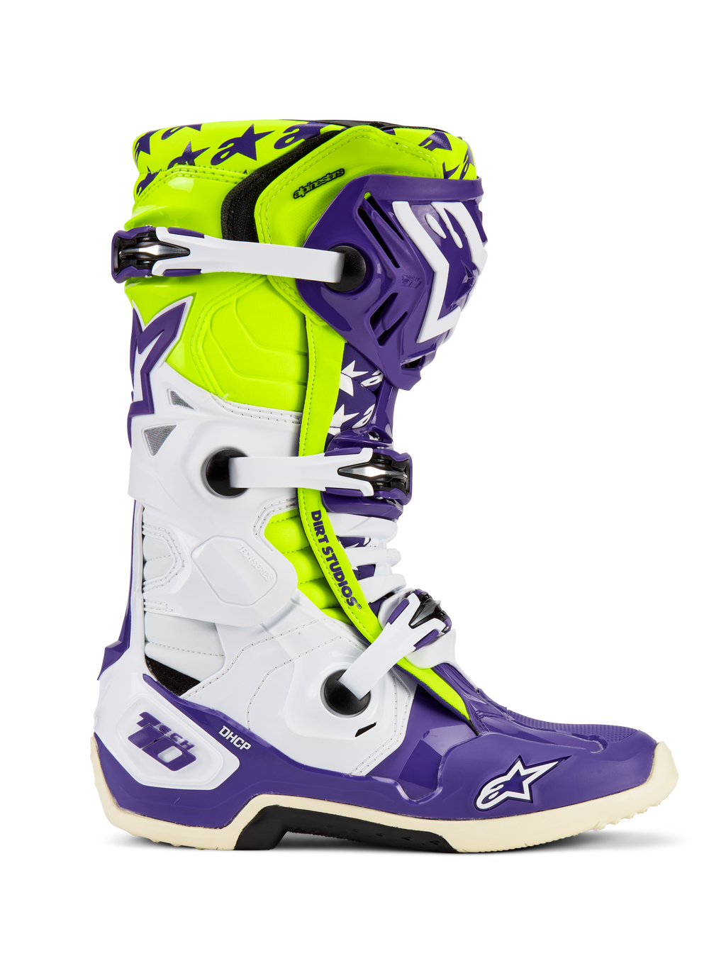 Stivali Alpinestars Tech 10 Dirt Studios® LE, stivali da motocross, viola, bianco e giallo fluo, profilo laterale con fibbie regolabili bianche, grafiche con motivo a stelle, componenti protettivi in TPU e suola robusta per prestazioni fuoristrada
