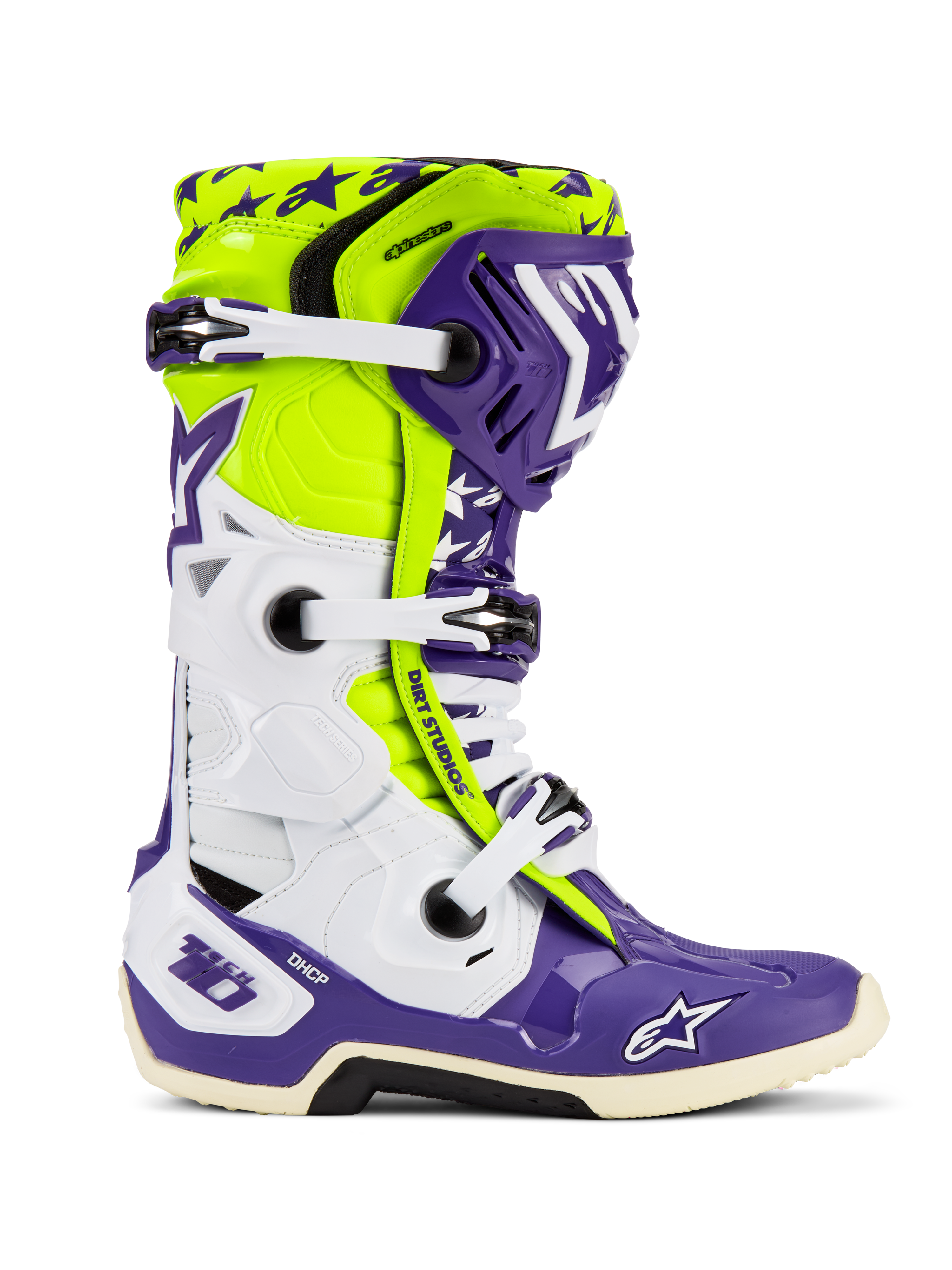 Stivali Alpinestars Tech 10 Dirt Studios® LE, stivali da motocross, viola, bianco e giallo fluo, profilo laterale con fibbie regolabili bianche, grafiche con motivo a stelle, componenti protettivi in TPU e suola robusta per prestazioni fuoristrada