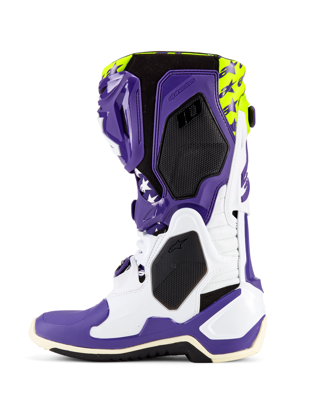 Stivali Alpinestars Tech 10 Dirt Studios® LE, stivali da motocross, bianco, viola e giallo fluo, vista laterale che mostra il telaio in TPU bianco e viola, parte superiore in giallo fluo con grafiche a stella, pannelli neri con trama a nido d'ape e design da corsa off-road di livello professionale