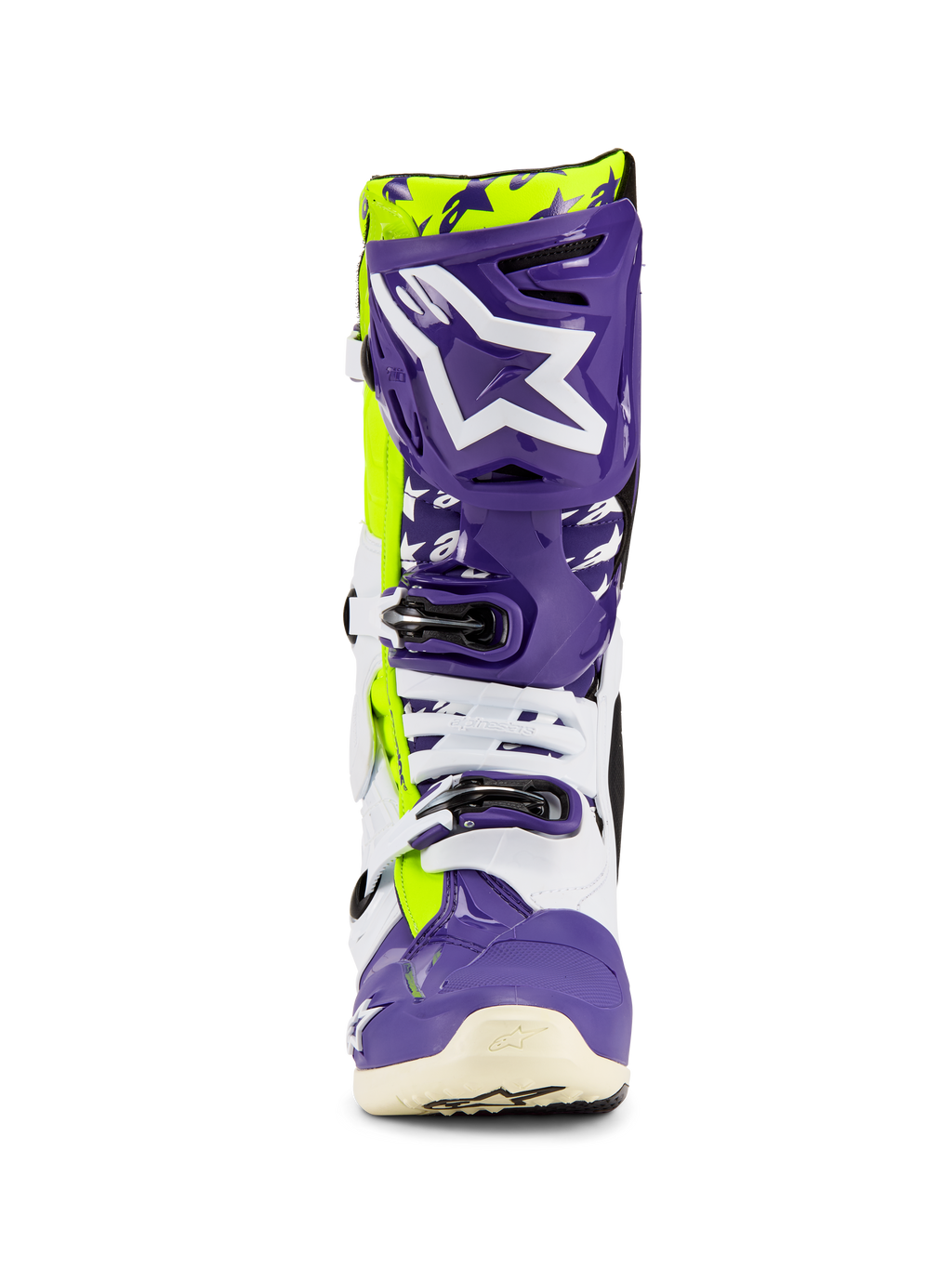 Alpinestars Tech 10 Dirt Studios® LE Boots, stivali da motocross, viola, bianco e giallo fluo, vista frontale con un grande logo bianco su una placca tibiale viola, sistema di chiusura multi-fibbia e guscio protettivo resistente per corse fuoristrada