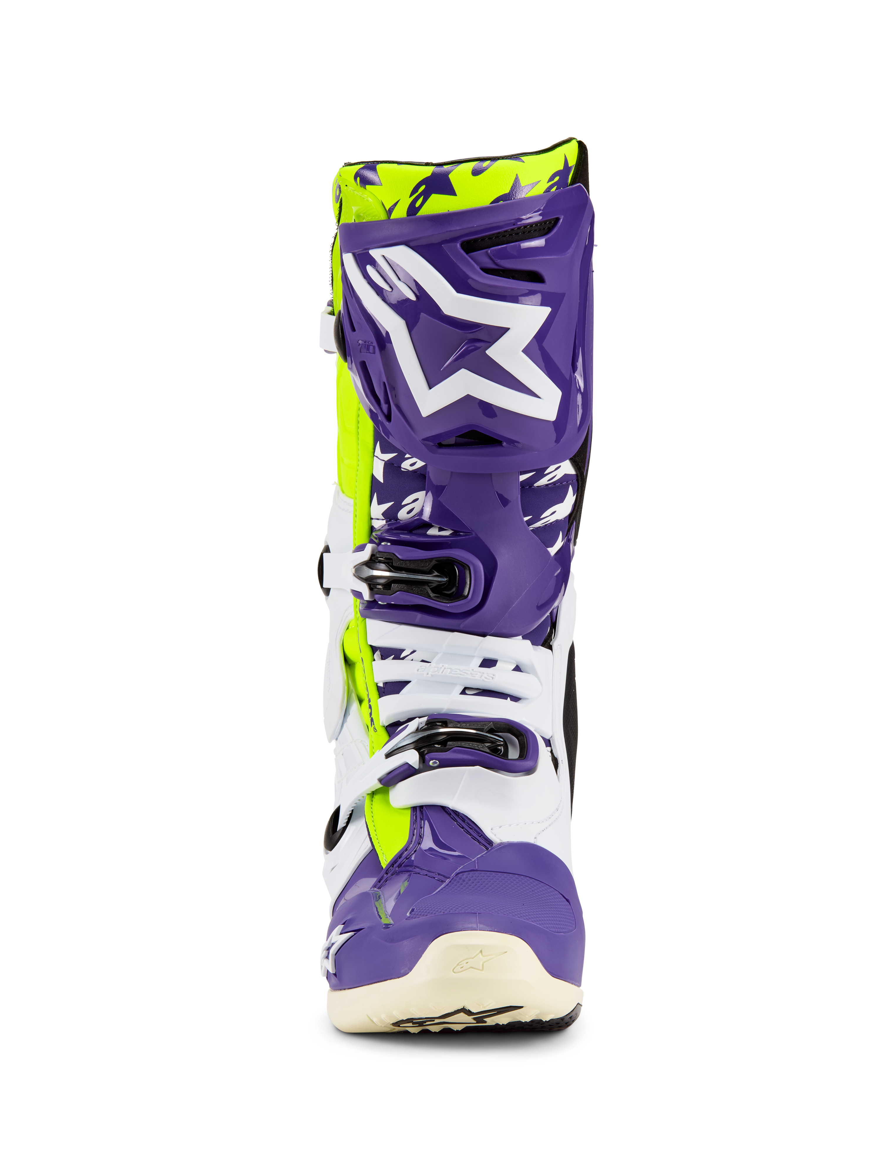 Alpinestars Tech 10 Dirt Studios® LE Boots, stivali da motocross, viola, bianco e giallo fluo, vista frontale con un grande logo bianco su una placca tibiale viola, sistema di chiusura multi-fibbia e guscio protettivo resistente per corse fuoristrada