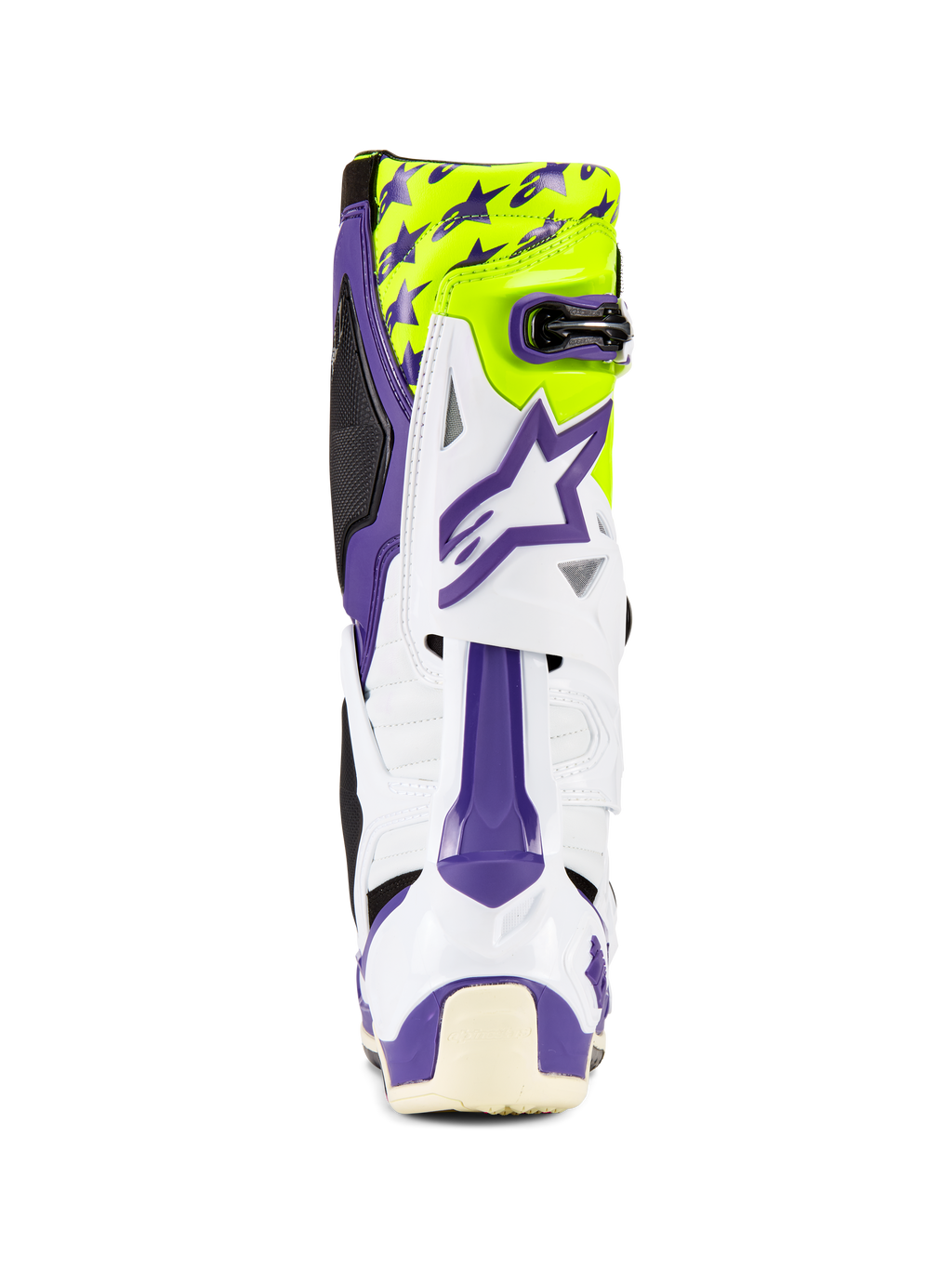 Alpinestars Tech 10 Dirt Studios® LE Boots, stivali da motocross, bianco, viola e giallo fluo, vista posteriore, con grafiche a stelle viola su sfondo giallo fluorescente, scocca in TPU bianco con accenti viola, calzature protettive professionali per fuoristrada