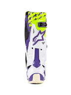 Alpinestars Tech 10 Dirt Studios® LE Boots, stivali da motocross, bianco, viola e giallo fluo, vista posteriore, con grafiche a stelle viola su sfondo giallo fluorescente, scocca in TPU bianco con accenti viola, calzature protettive professionali per fuoristrada