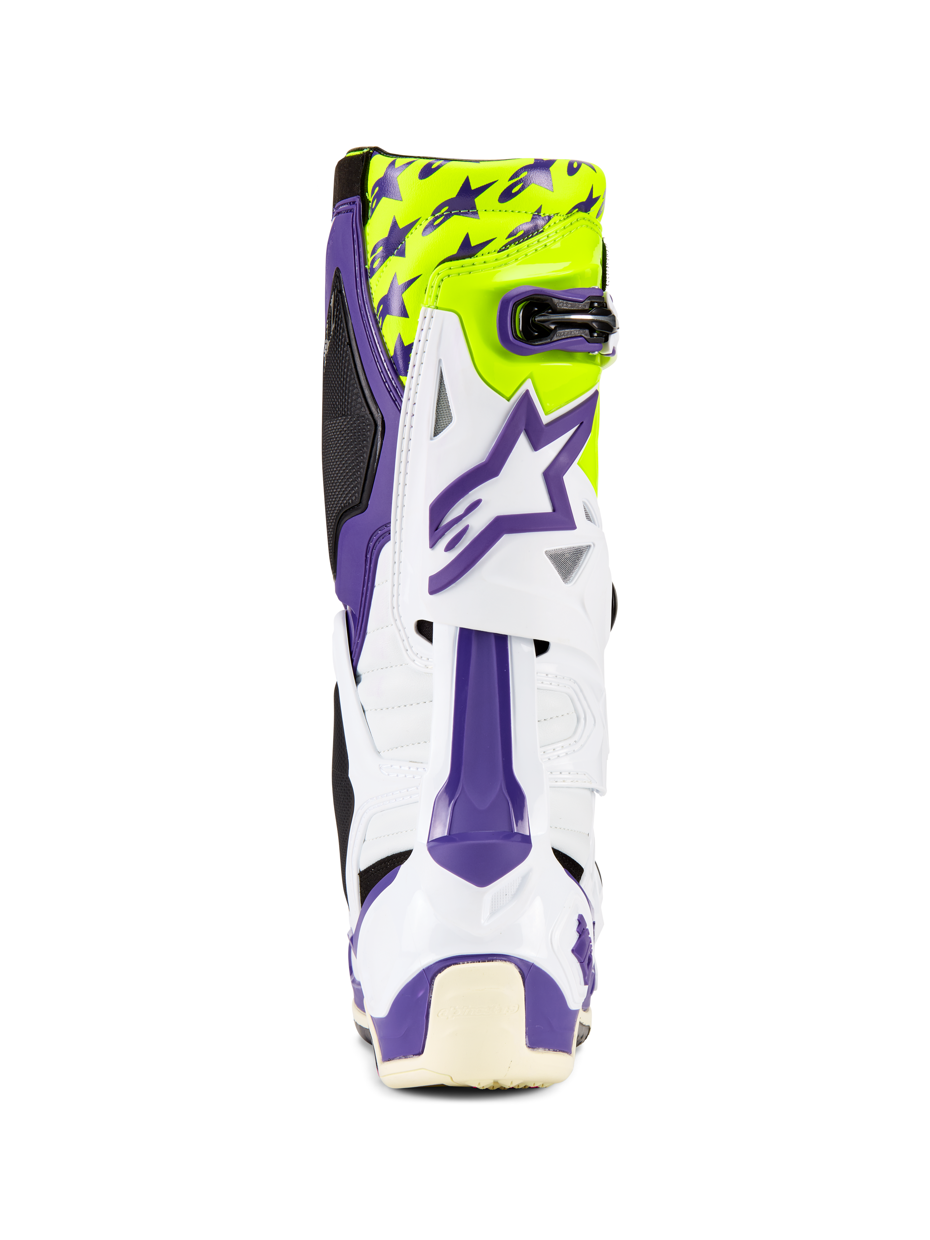 Alpinestars Tech 10 Dirt Studios® LE Boots, stivali da motocross, bianco, viola e giallo fluo, vista posteriore, con grafiche a stelle viola su sfondo giallo fluorescente, scocca in TPU bianco con accenti viola, calzature protettive professionali per fuoristrada