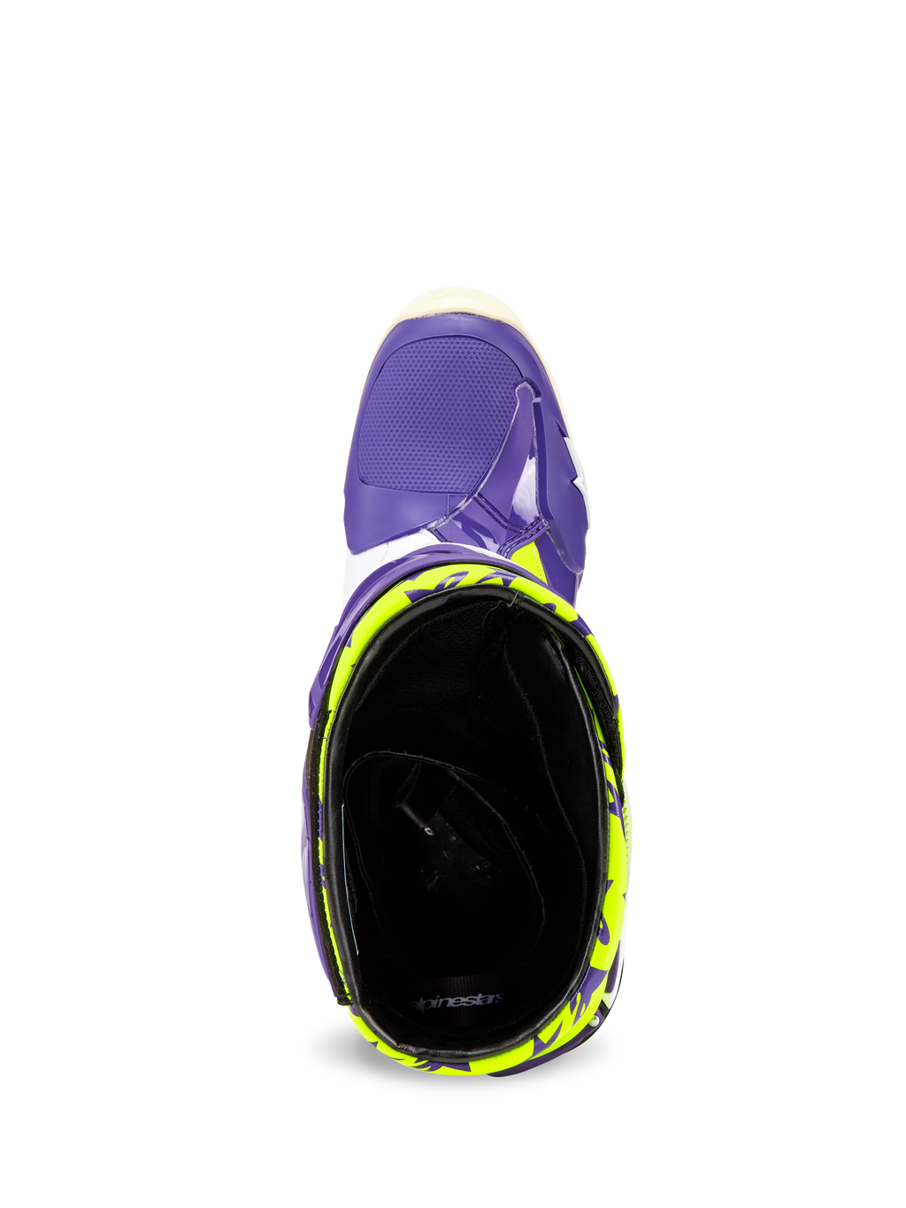 Stivali Alpinestars Tech 10 Dirt Studios® LE, vista dall'alto dell'apertura della caviglia, scocca viola con motivi giallo fluo, fodera interna nera, calzatura da motocross ad alte prestazioni.