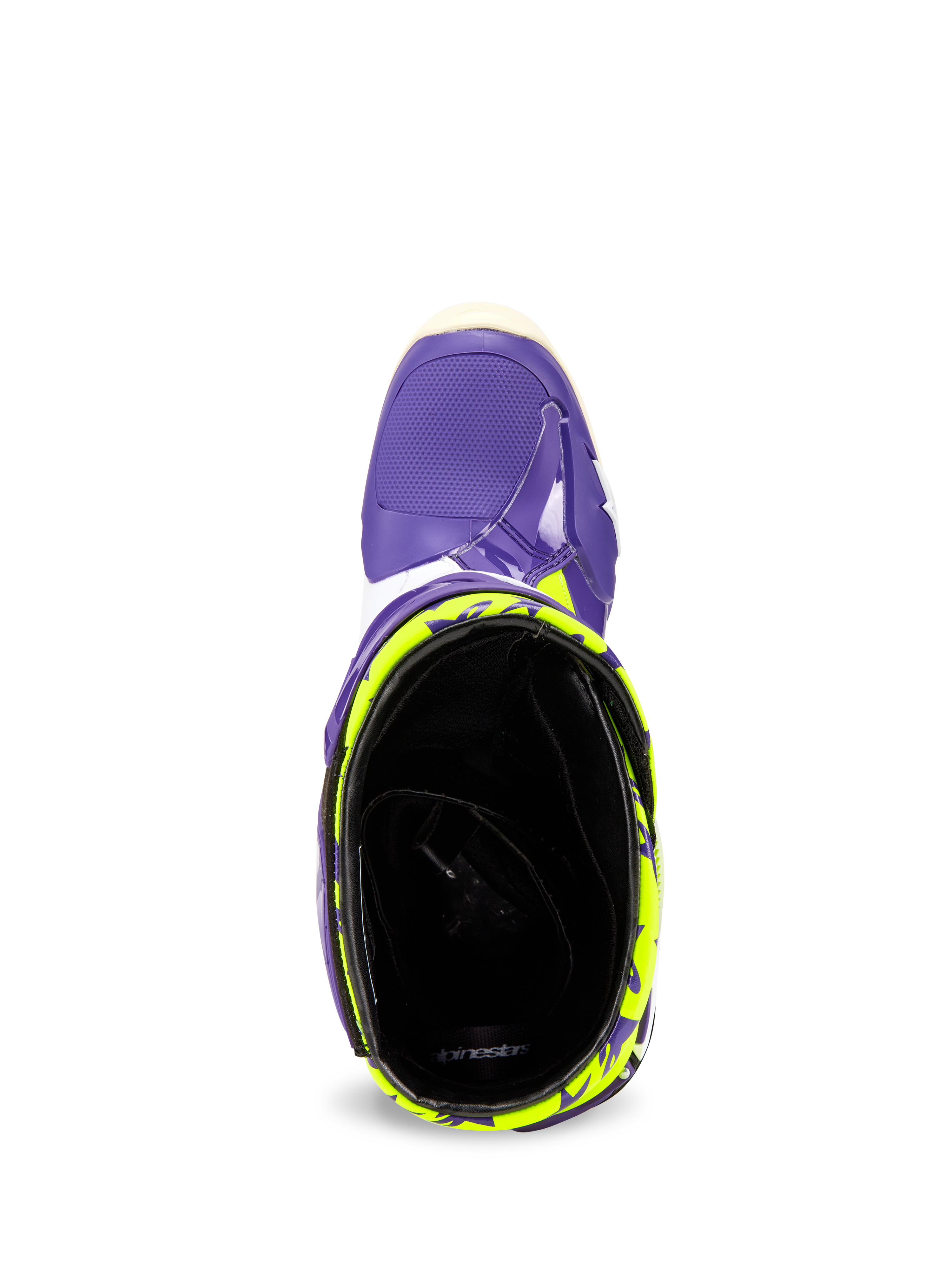 Stivali Alpinestars Tech 10 Dirt Studios® LE, vista dall'alto dell'apertura della caviglia, scocca viola con motivi giallo fluo, fodera interna nera, calzatura da motocross ad alte prestazioni.