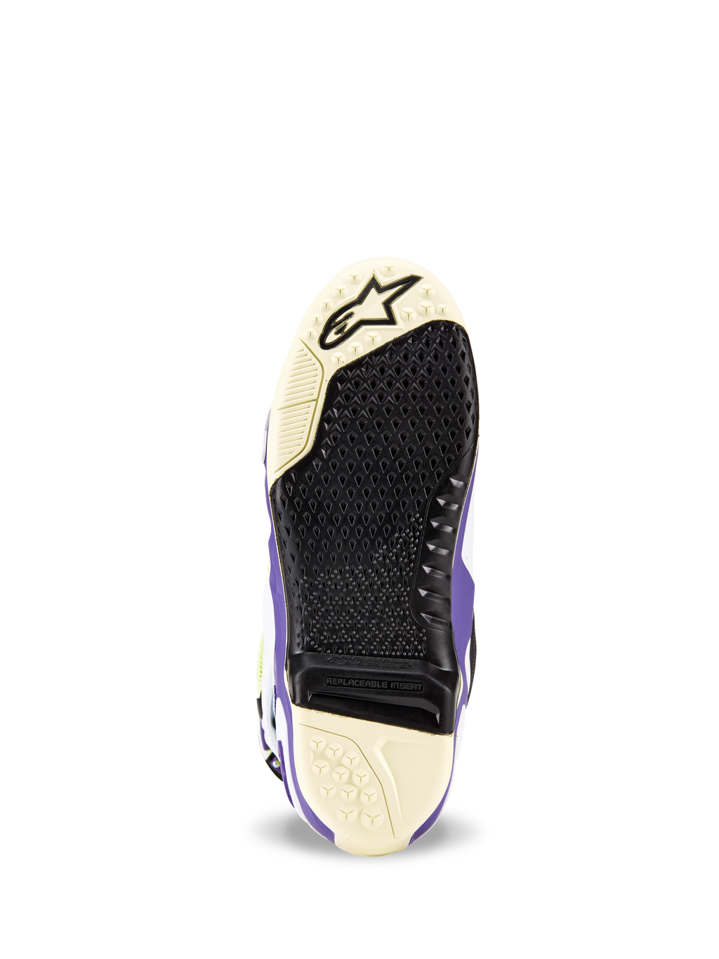 Stivali Alpinestars Tech 10 Dirt Studios® LE, vista della suola, bianco, viola e nero, motivo grip testurizzato con inserto centrale sostituibile, logo Alpinestars sulla punta, design resistente della suola per stivali da motocross