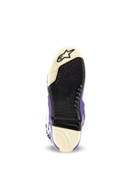 Stivali Alpinestars Tech 10 Dirt Studios® LE, vista della suola, bianco, viola e nero, motivo grip testurizzato con inserto centrale sostituibile, logo Alpinestars sulla punta, design resistente della suola per stivali da motocross