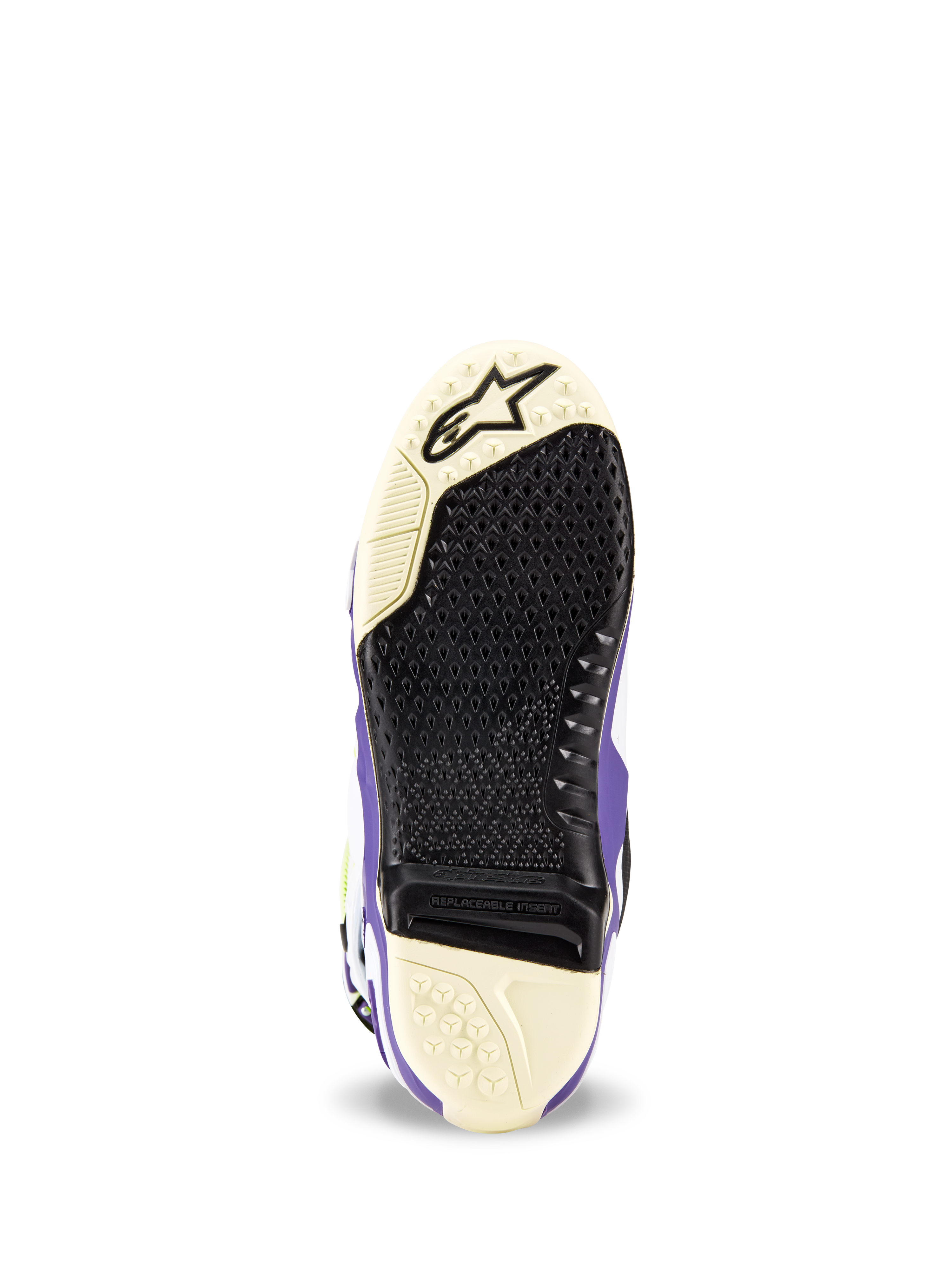 Stivali Alpinestars Tech 10 Dirt Studios® LE, vista della suola, bianco, viola e nero, motivo grip testurizzato con inserto centrale sostituibile, logo Alpinestars sulla punta, design resistente della suola per stivali da motocross