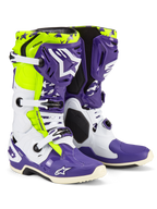Stivali Alpinestars Tech 10 Dirt Studios LE, stivali da motocross, bianco, viola e giallo fluo, con scocche protettive bianche e viola e accenti giallo fluo, marchio 'Dirt Studios' e fibbie bianche, calzature da fuoristrada ad alte prestazioni in edizione limitata