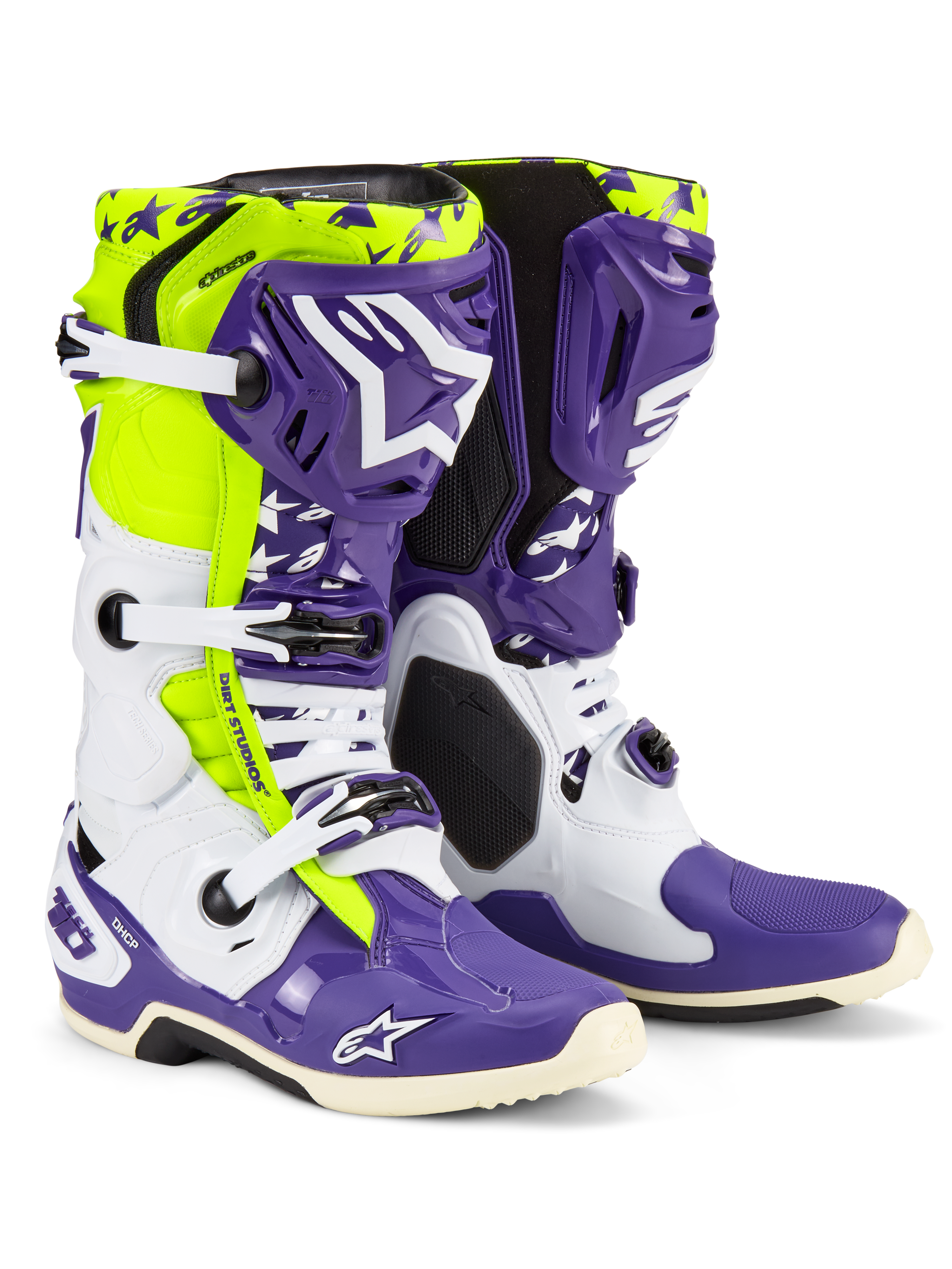 Stivali Alpinestars Tech 10 Dirt Studios LE, stivali da motocross, bianco, viola e giallo fluo, con scocche protettive bianche e viola e accenti giallo fluo, marchio 'Dirt Studios' e fibbie bianche, calzature da fuoristrada ad alte prestazioni in edizione limitata