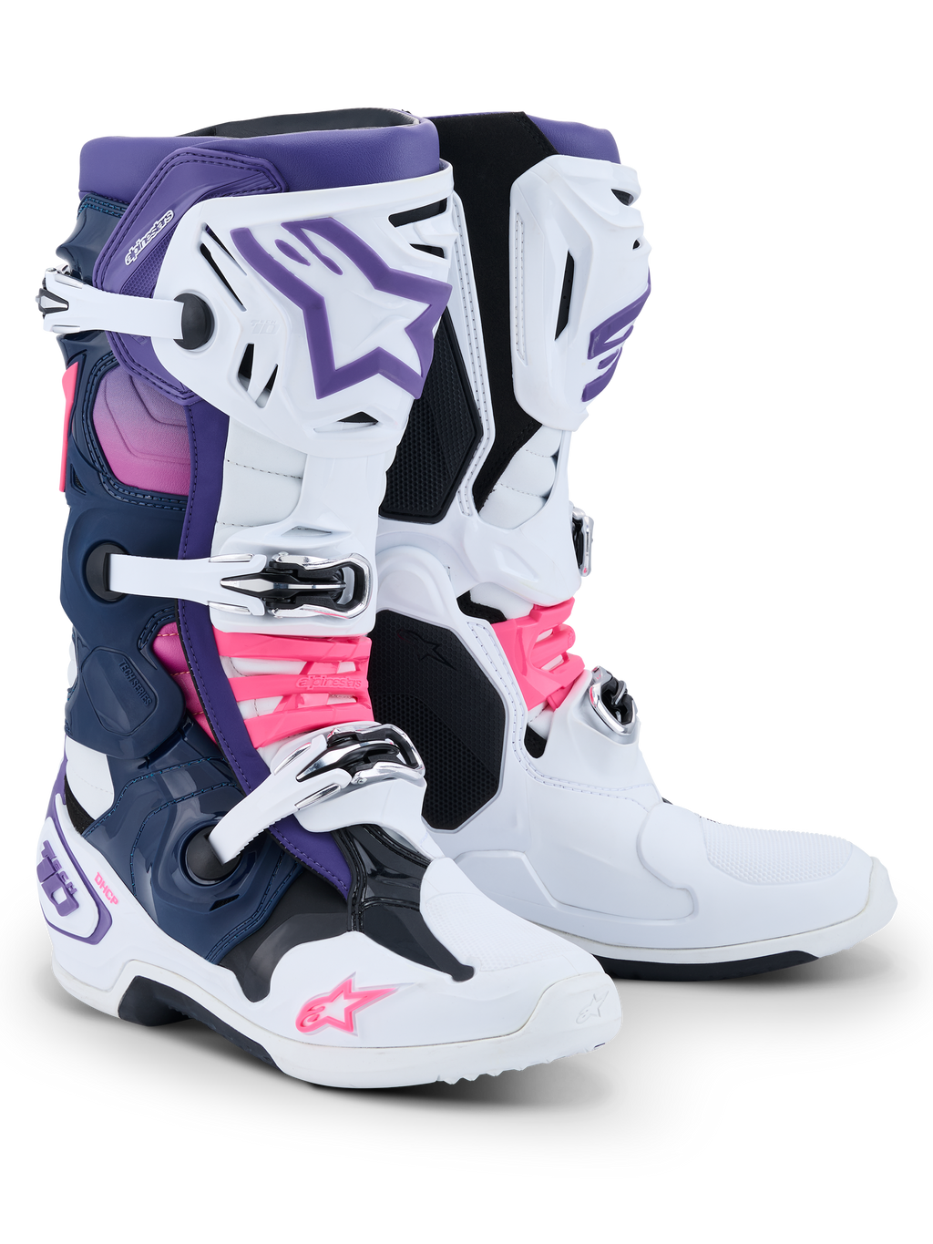 Stivali Alpinestars Tech 10, stivali da motocross, bianco, viola, blu navy e rosa fluo, sistema di chiusura a tripla fibbia, pannelli blu navy e viola e accenti rosa acceso su cinturini e loghi, calzature professionali per gare fuoristrada