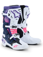 Stivali Alpinestars Tech 10, stivali da motocross, bianco, viola, blu navy e rosa fluo, sistema di chiusura a tripla fibbia, pannelli blu navy e viola e accenti rosa acceso su cinturini e loghi, calzature professionali per gare fuoristrada